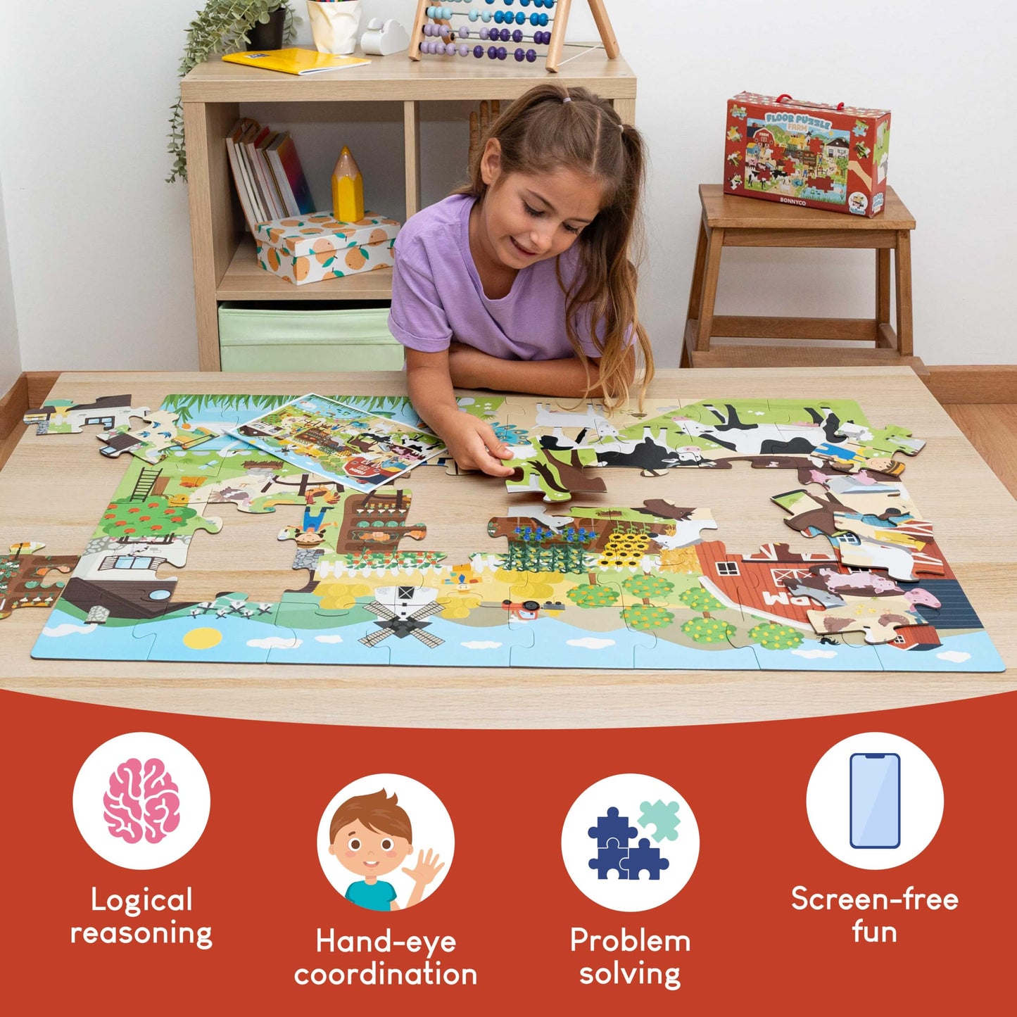 BONNYCO Giant Farm Animal Floor Puzzle – 48 Large Pieces, 36.2 x 24.4 in, Educational Jumbo Puzzle for Kids Ages 2–8