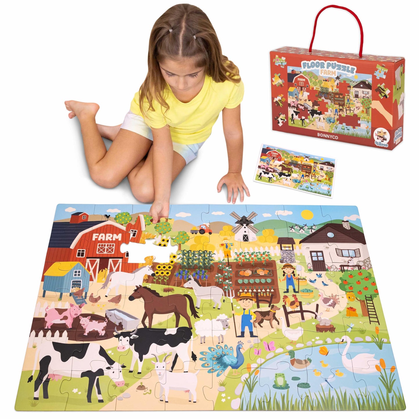 BONNYCO Giant Farm Animal Floor Puzzle – 48 Large Pieces, 36.2 x 24.4 in, Educational Jumbo Puzzle for Kids Ages 2–8
