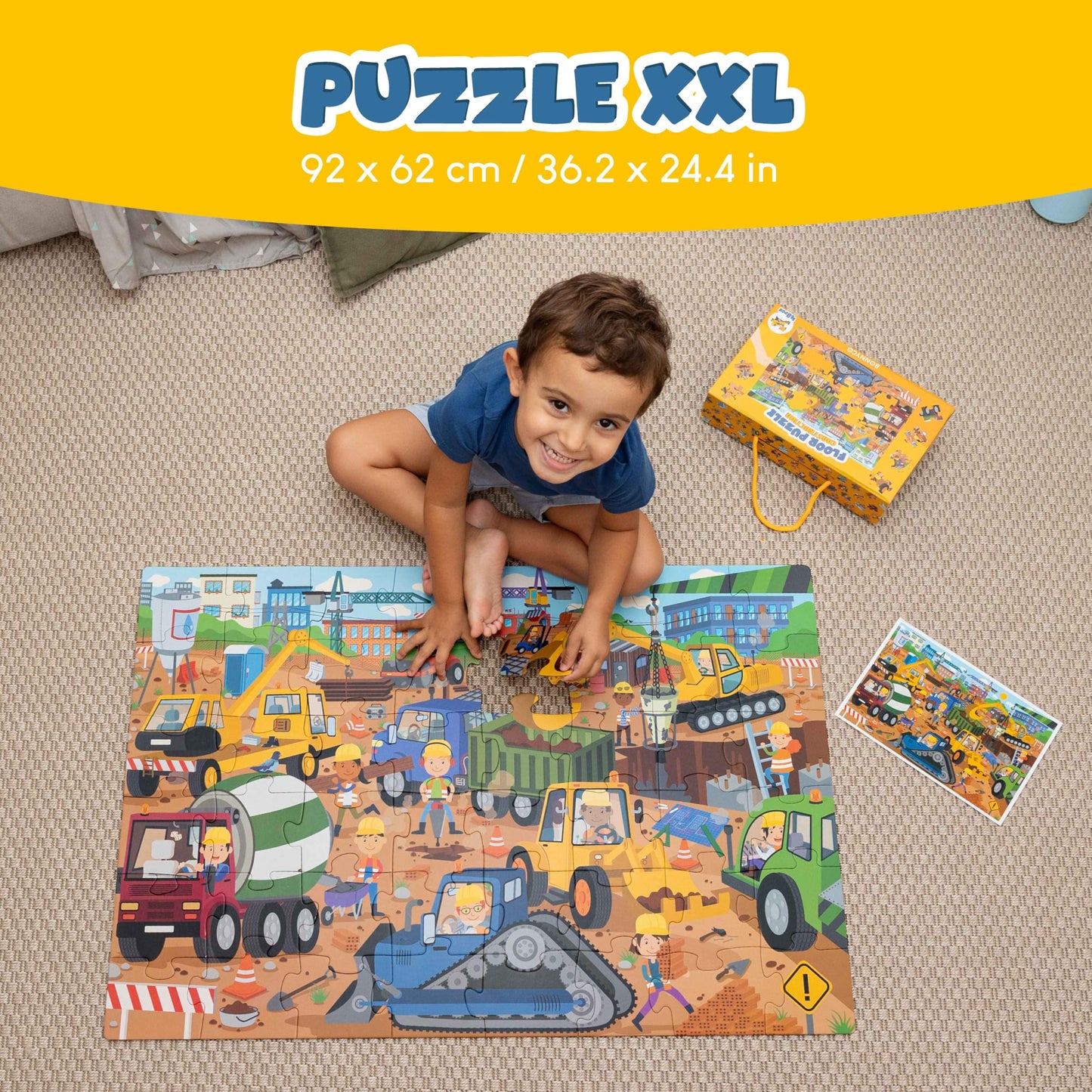 BONNYCO Giant Floor Puzzle – Construction Site with 48 Large Pieces | Jumbo 36.2 x 24.4 in | Educational Kids Toy 2-8