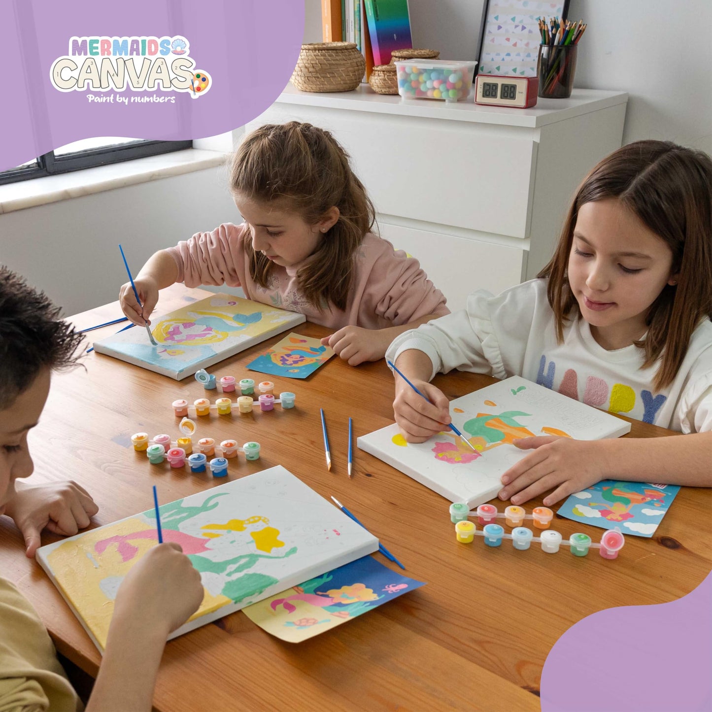 BONNYCO Mermaid Paint by Numbers Kit – Pack of 3 Canvas Sets for Kids