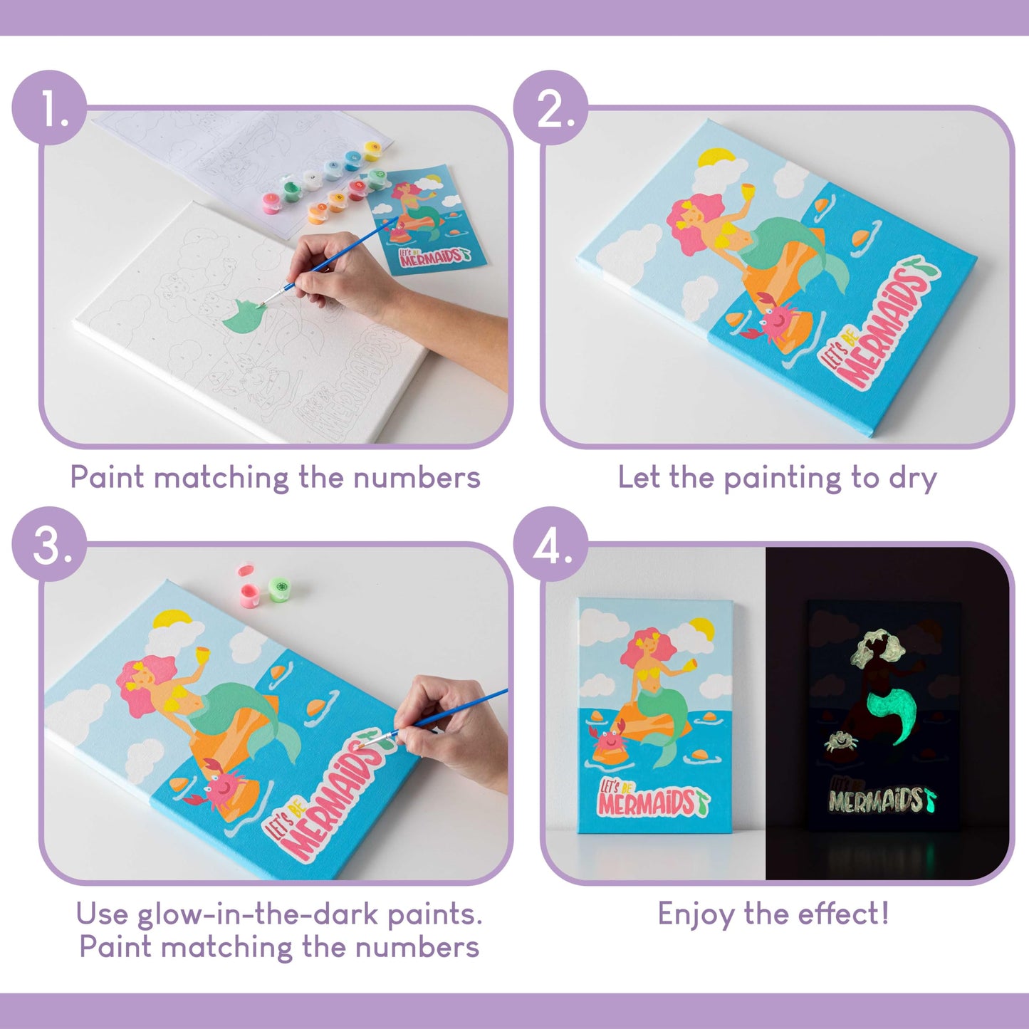 BONNYCO Mermaid Paint by Numbers Kit – Pack of 3 Canvas Sets for Kids