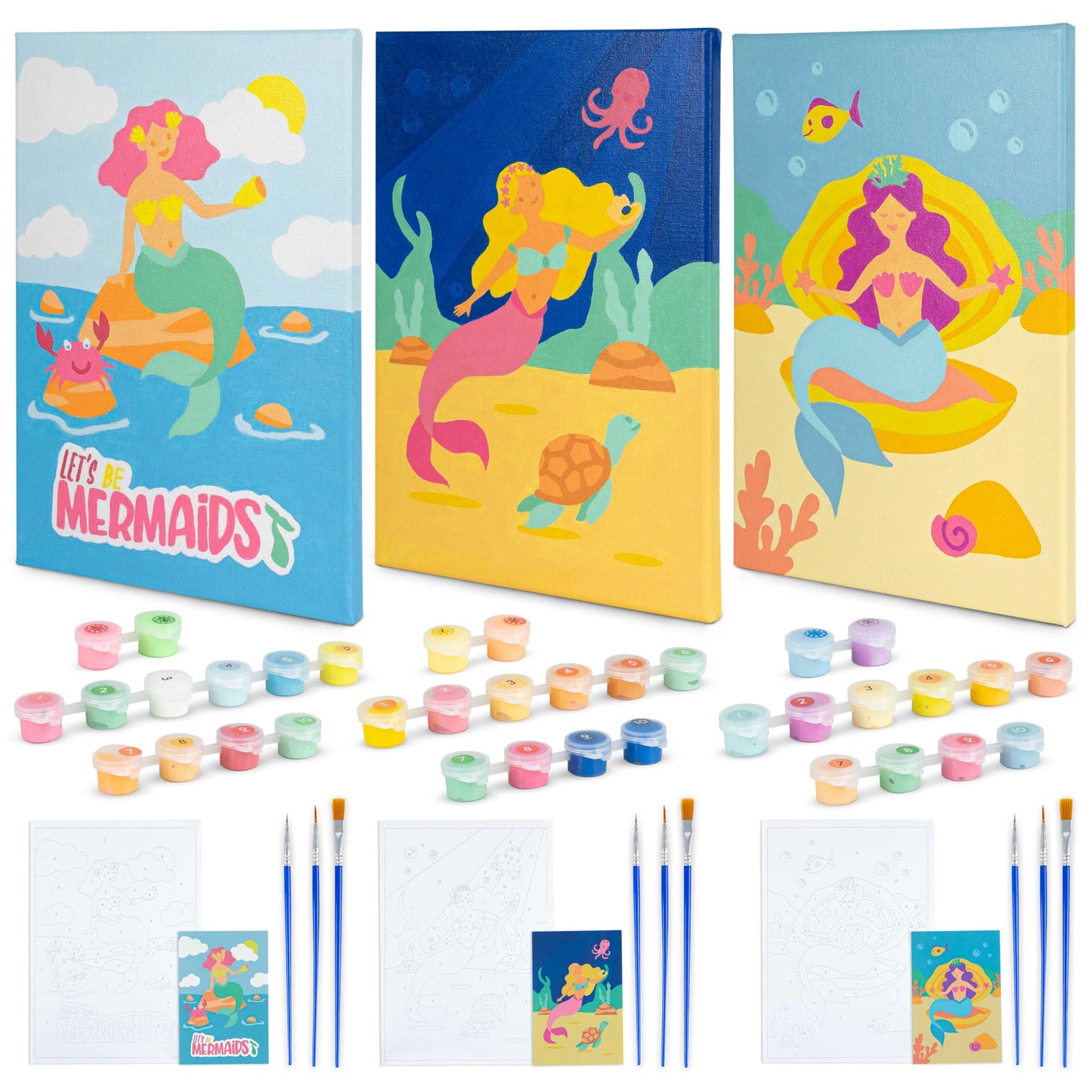 BONNYCO Mermaid Paint by Numbers Kit – Pack of 3 Canvas Sets for Kids