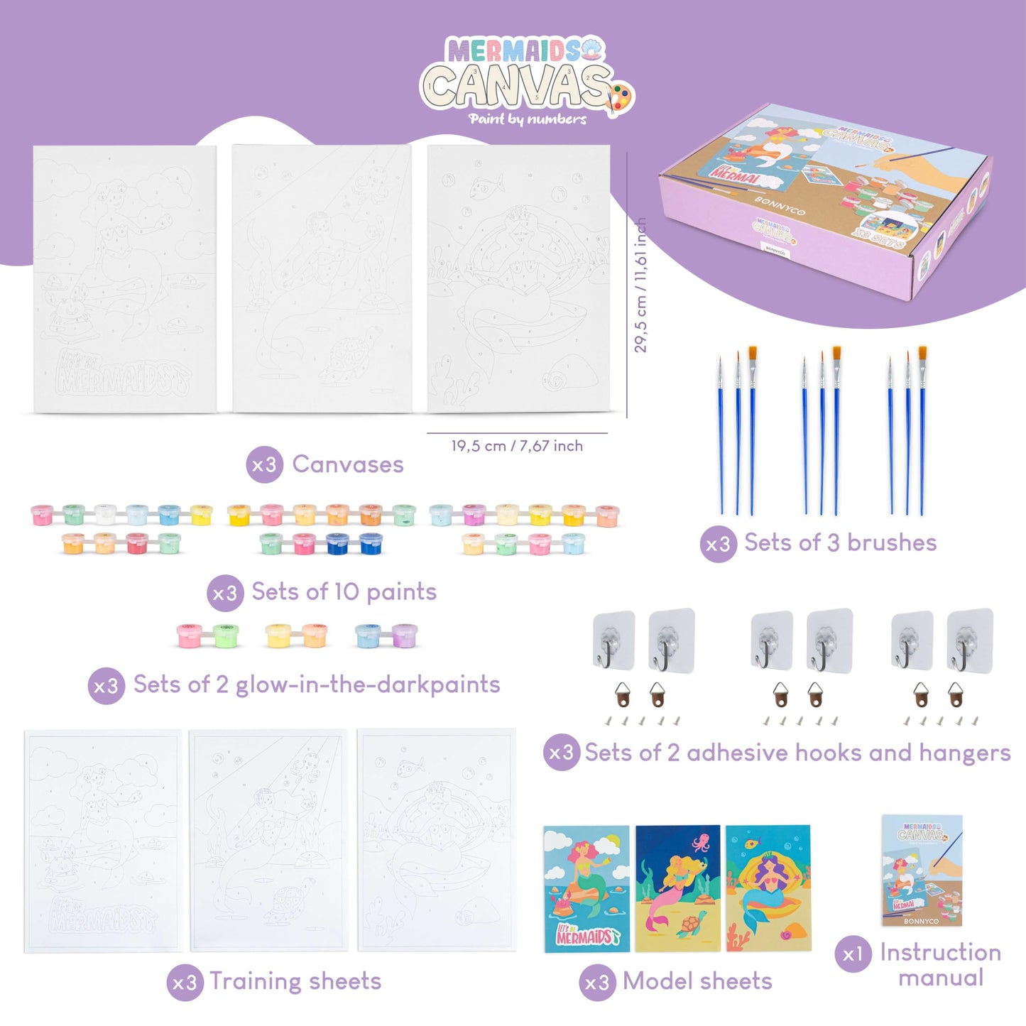 BONNYCO Mermaid Paint by Numbers Kit – Pack of 3 Canvas Sets for Kids