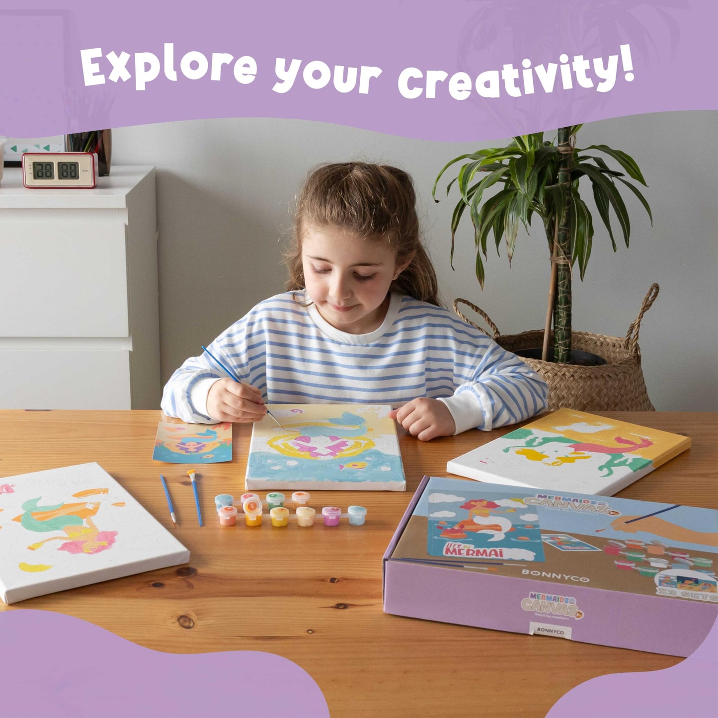 BONNYCO Mermaid Paint by Numbers Kit – Pack of 3 Canvas Sets for Kids