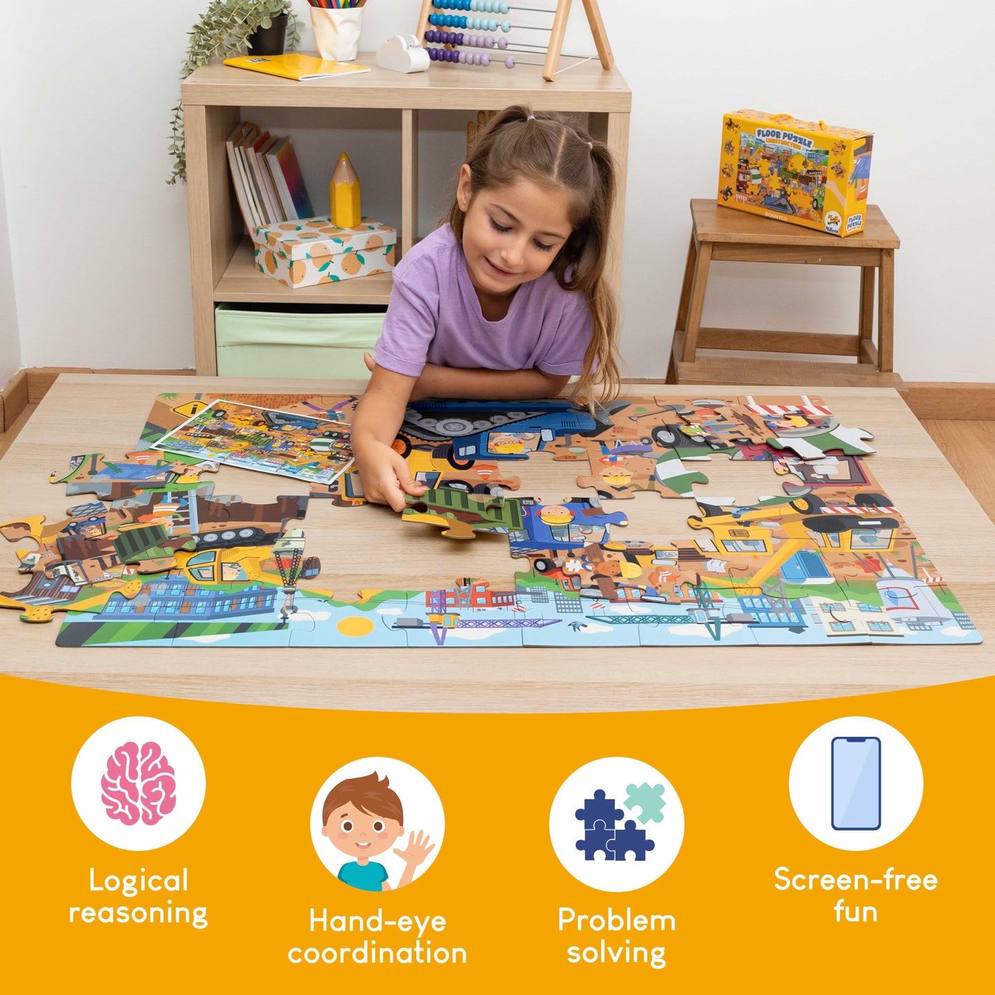 BONNYCO Giant Floor Puzzle – Construction Site with 48 Large Pieces | Jumbo 36.2 x 24.4 in | Educational Kids Toy 2-8
