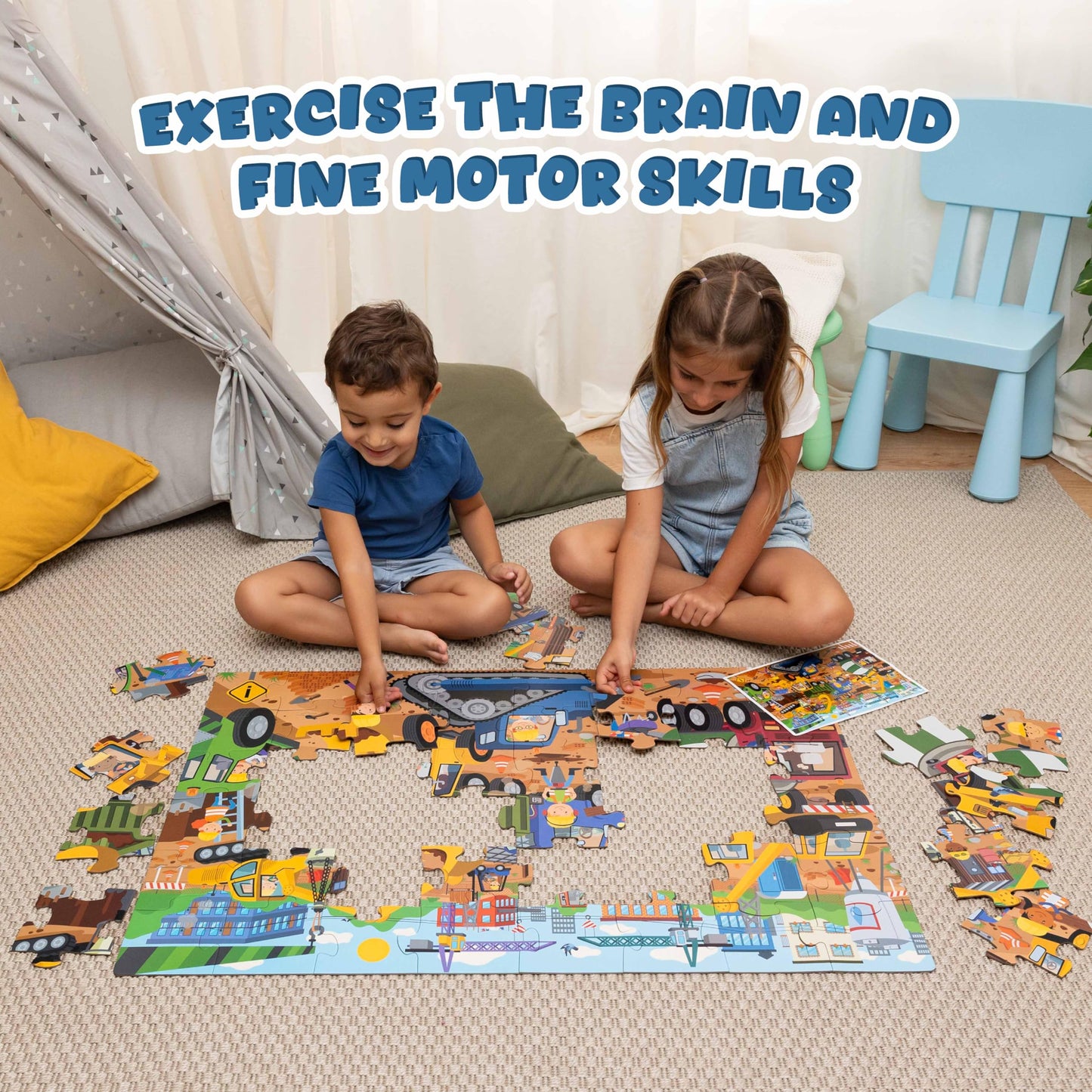 BONNYCO Giant Floor Puzzle – Construction Site with 48 Large Pieces | Jumbo 36.2 x 24.4 in | Educational Kids Toy 2-8