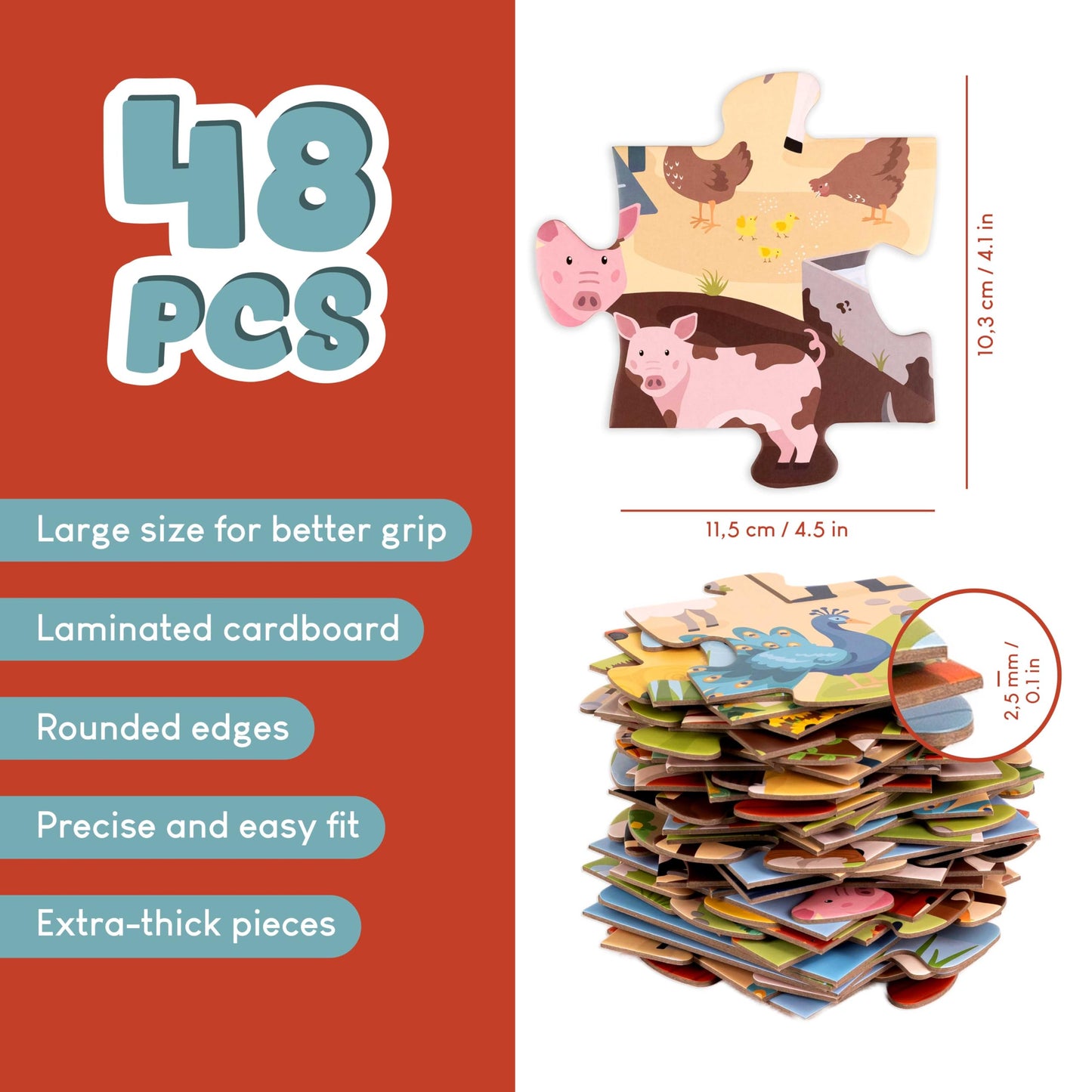 BONNYCO Giant Farm Animal Floor Puzzle – 48 Large Pieces, 36.2 x 24.4 in, Educational Jumbo Puzzle for Kids Ages 2–8