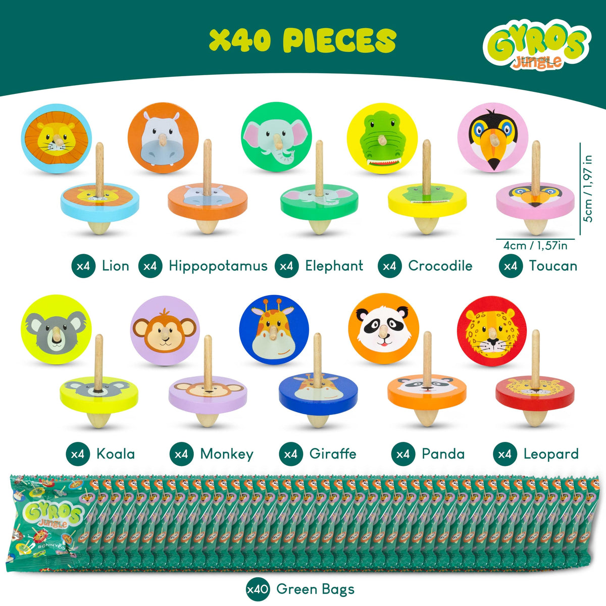 BONNYCO Wood Spinning Top 40 Pack Jungle – Party Favors, Goody Bags & Classroom Prizes