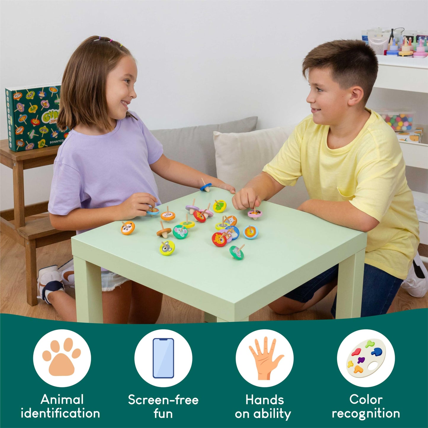 BONNYCO Wood Spinning Top 40 Pack Jungle – Party Favors, Goody Bags & Classroom Prizes