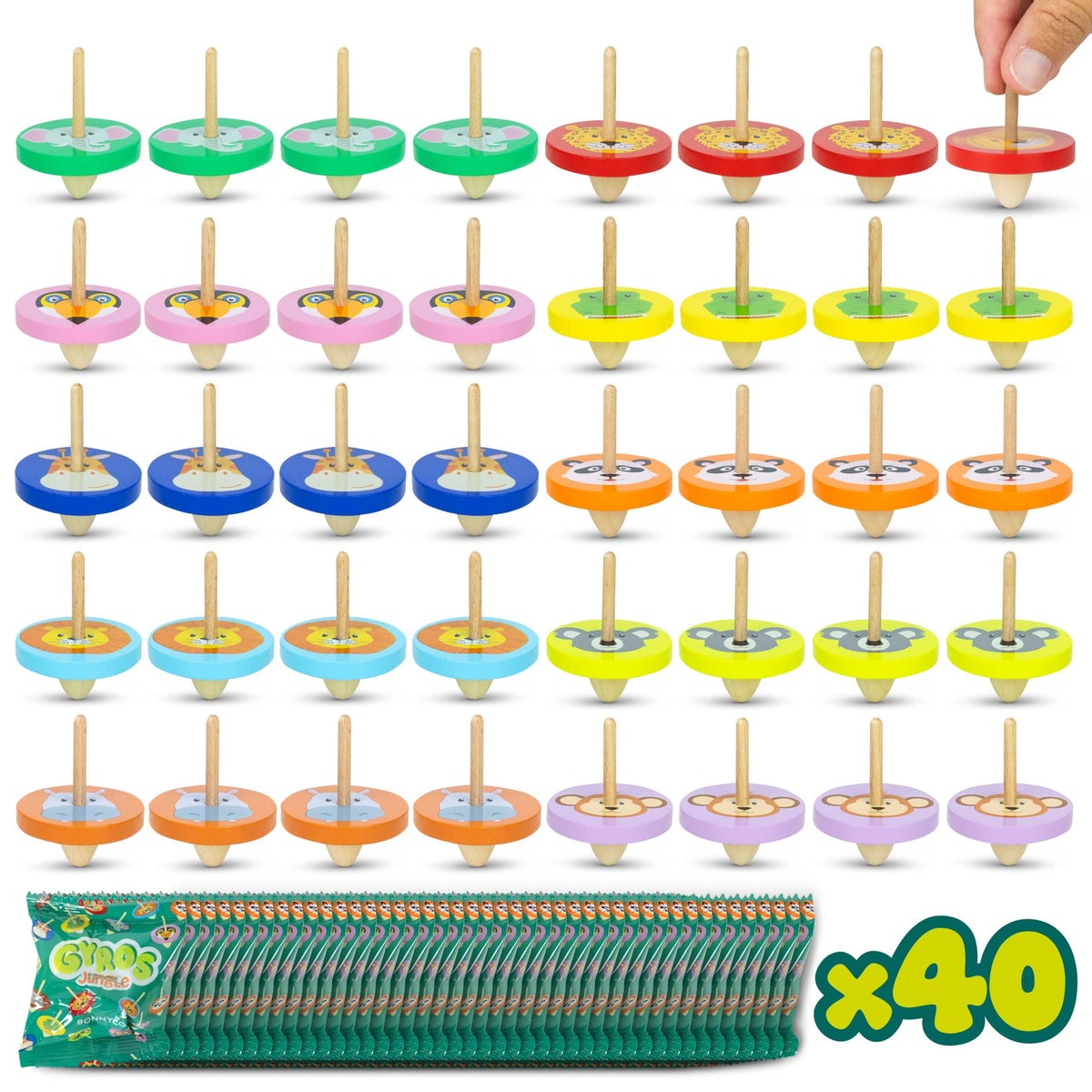 BONNYCO Wood Spinning Top 40 Pack Jungle – Party Favors, Goody Bags & Classroom Prizes