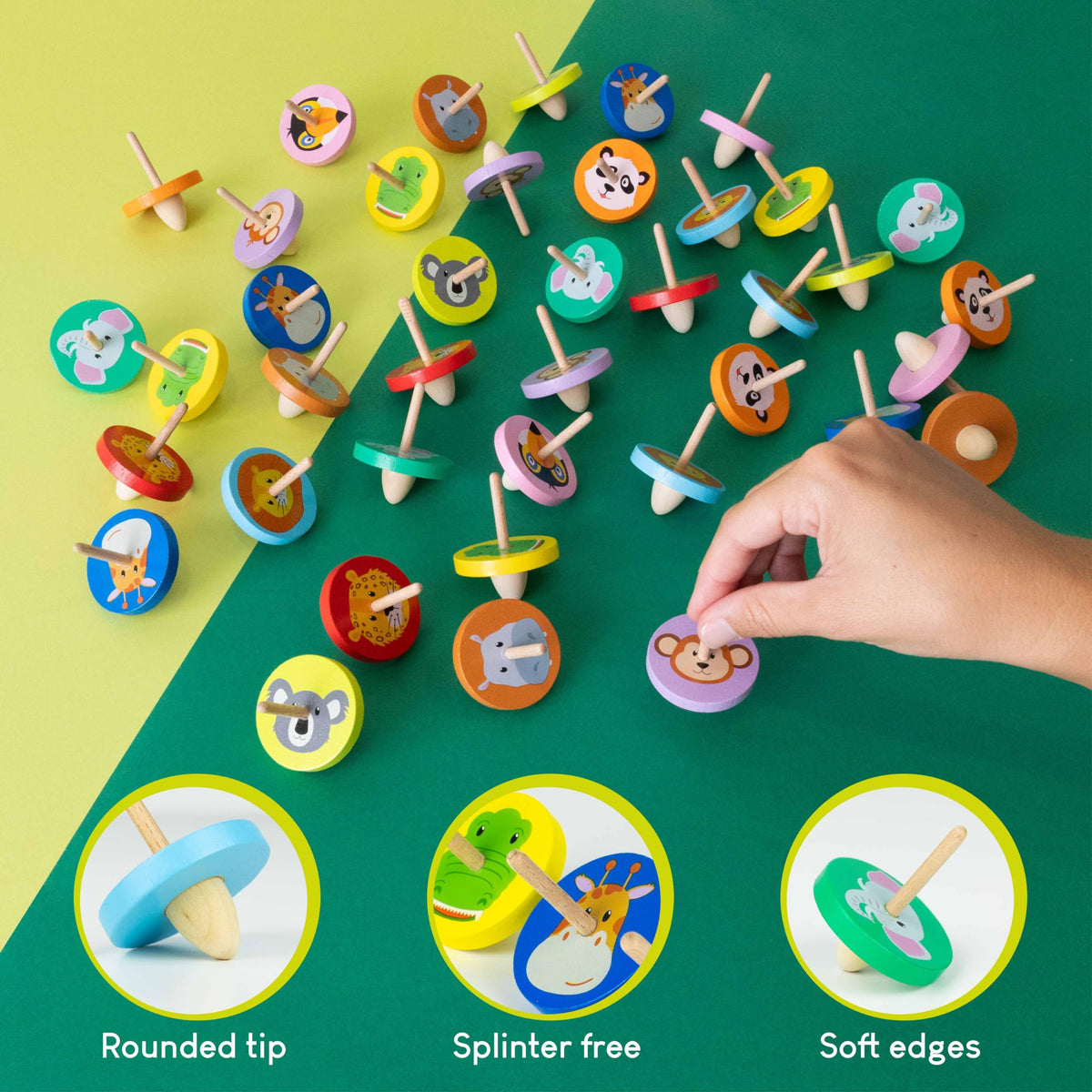 BONNYCO Wood Spinning Top 40 Pack Jungle – Party Favors, Goody Bags & Classroom Prizes