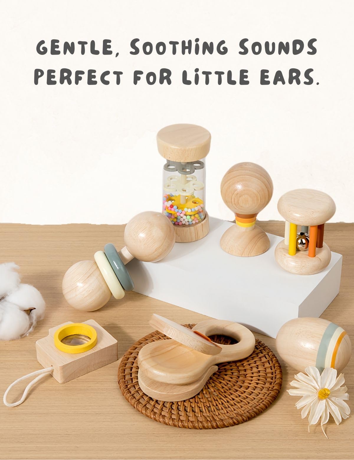 BONOVISTA 7-Piece Wooden Baby Toys Set – Organic Infant Rattles & Montessori Musical Instruments (0-12 Months)
