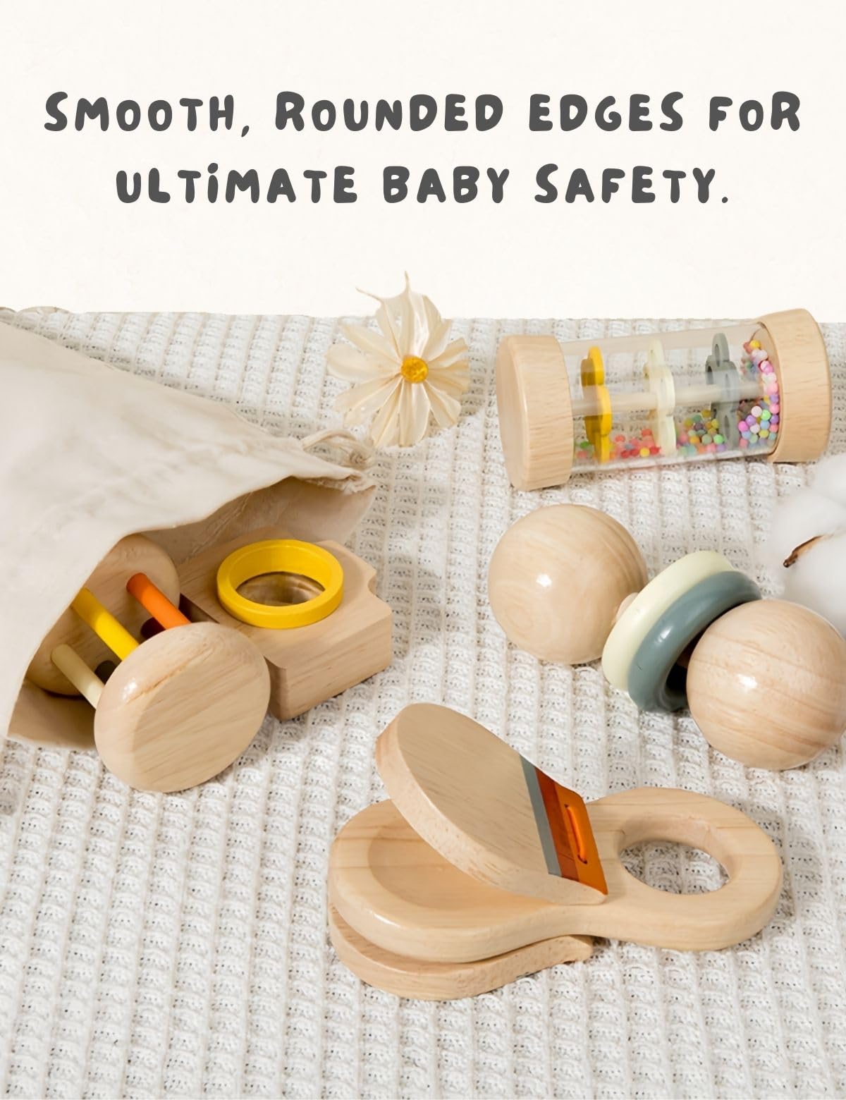 BONOVISTA 7-Piece Wooden Baby Toys Set – Organic Infant Rattles & Montessori Musical Instruments (0-12 Months)