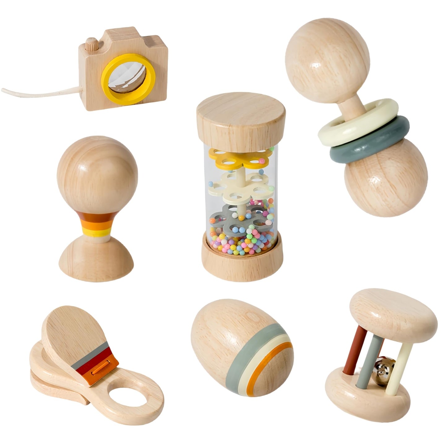 BONOVISTA 7-Piece Wooden Baby Toys Set – Organic Infant Rattles & Montessori Musical Instruments (0-12 Months)