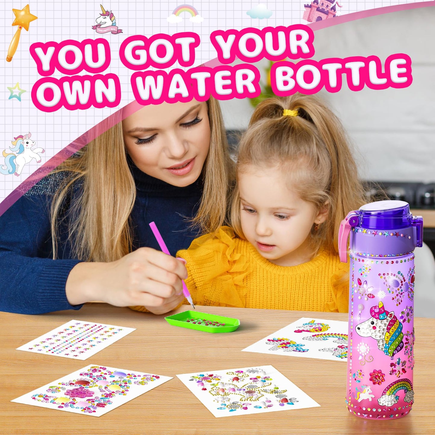 BOOH Gifts for Girls 4-12 – Water Bottle Decorating Kit with Unicorn Diamond Painting & Bracelet Craft