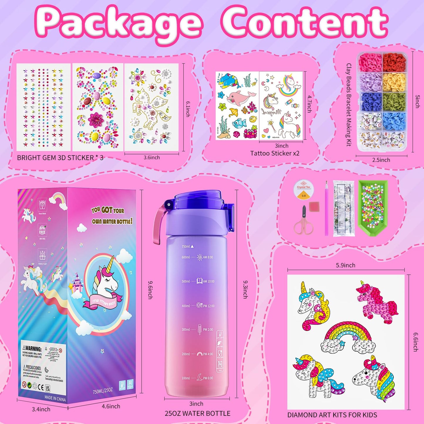 BOOH Gifts for Girls 4-12 – Water Bottle Decorating Kit with Unicorn Diamond Painting & Bracelet Craft