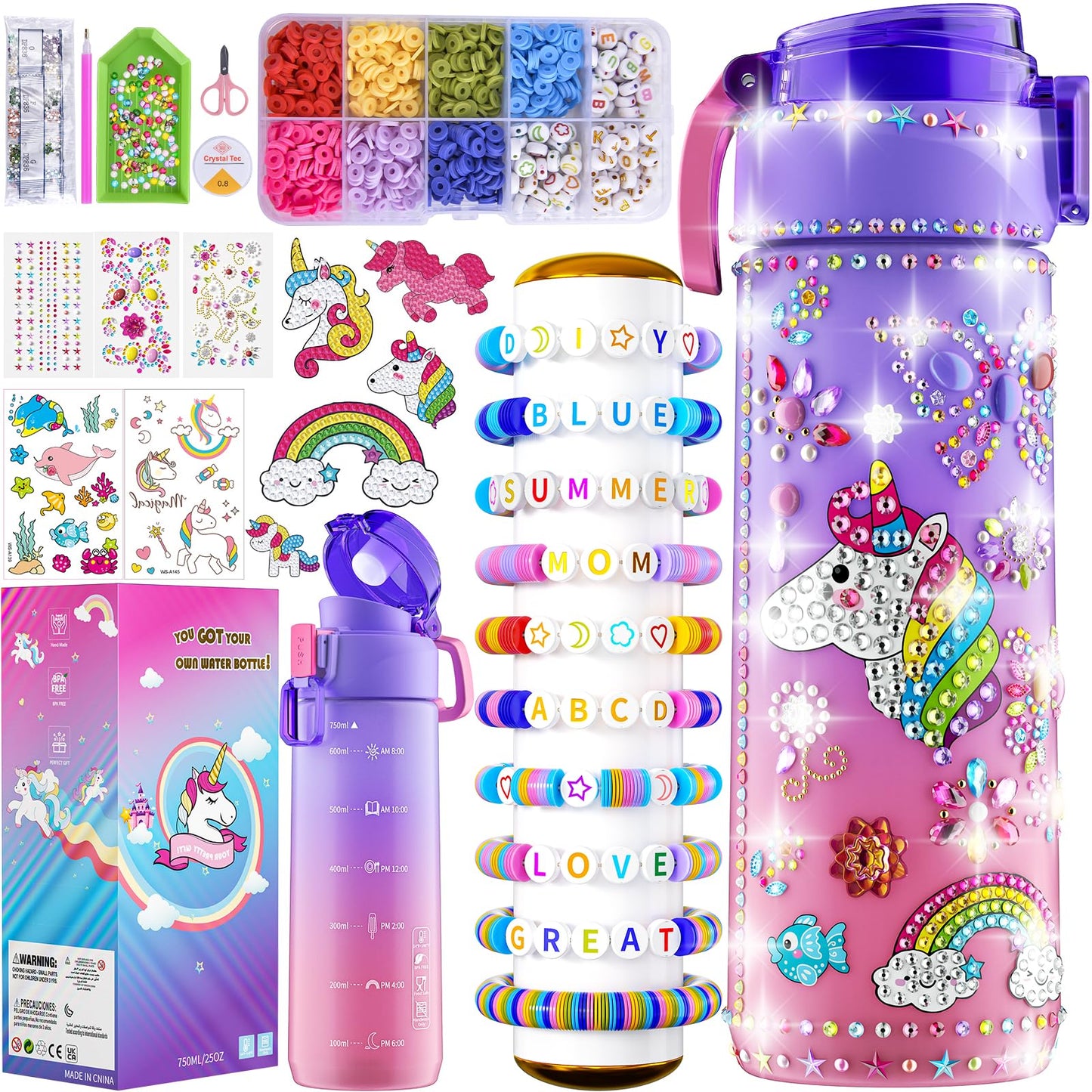 BOOH Gifts for Girls 4-12 – Water Bottle Decorating Kit with Unicorn Diamond Painting & Bracelet Craft
