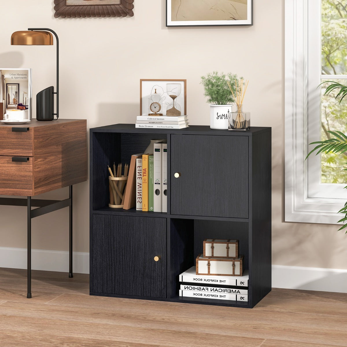 3-Tier Bookshelf with Dual Anti-Tipping Kits and 2 Cabinets-Grey