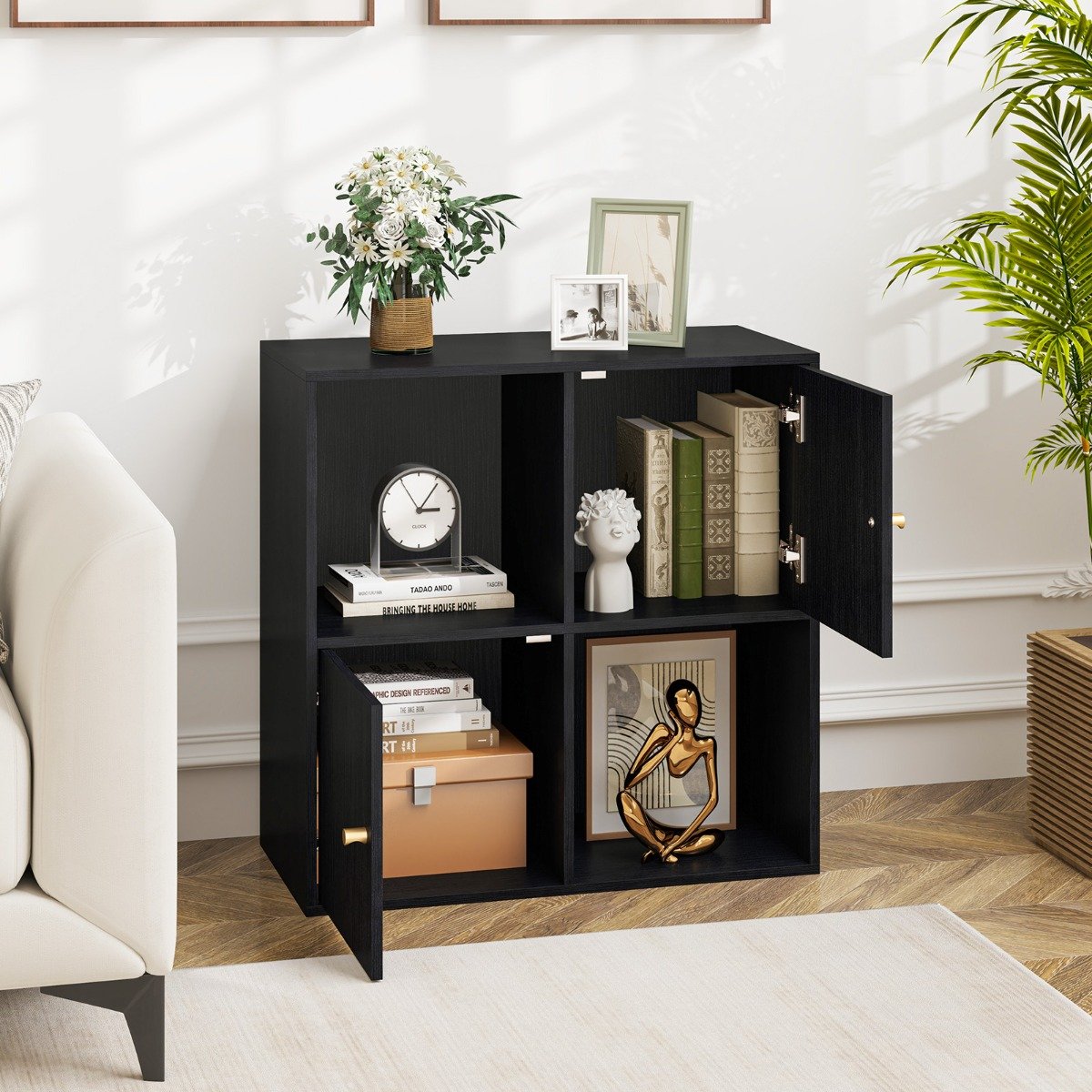 3-Tier Bookshelf with Dual Anti-Tipping Kits and 2 Cabinets-Grey