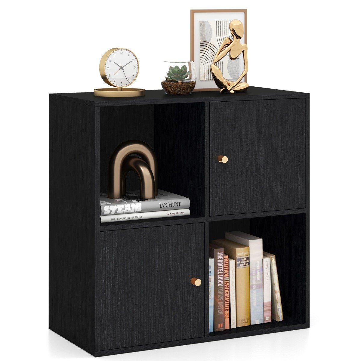 3-Tier Bookshelf with Dual Anti-Tipping Kits and 2 Cabinets-Grey