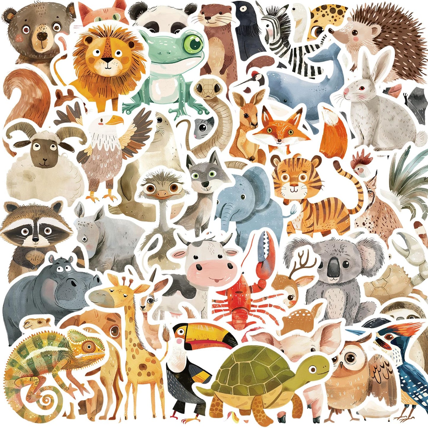 Booppyy 50Pcs Cute Hand Drawn Animal Stickers – Waterproof Vinyl Decals for Laptops, Water Bottles, Journals
