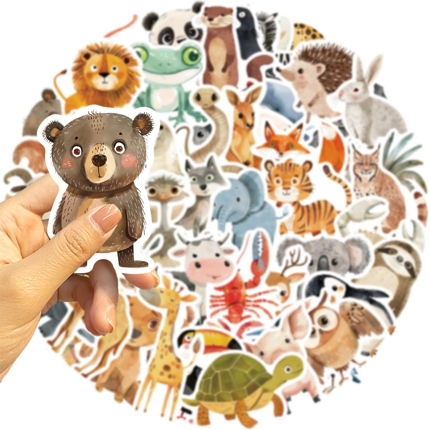 Booppyy 50Pcs Cute Hand Drawn Animal Stickers – Waterproof Vinyl Decals for Laptops, Water Bottles, Journals