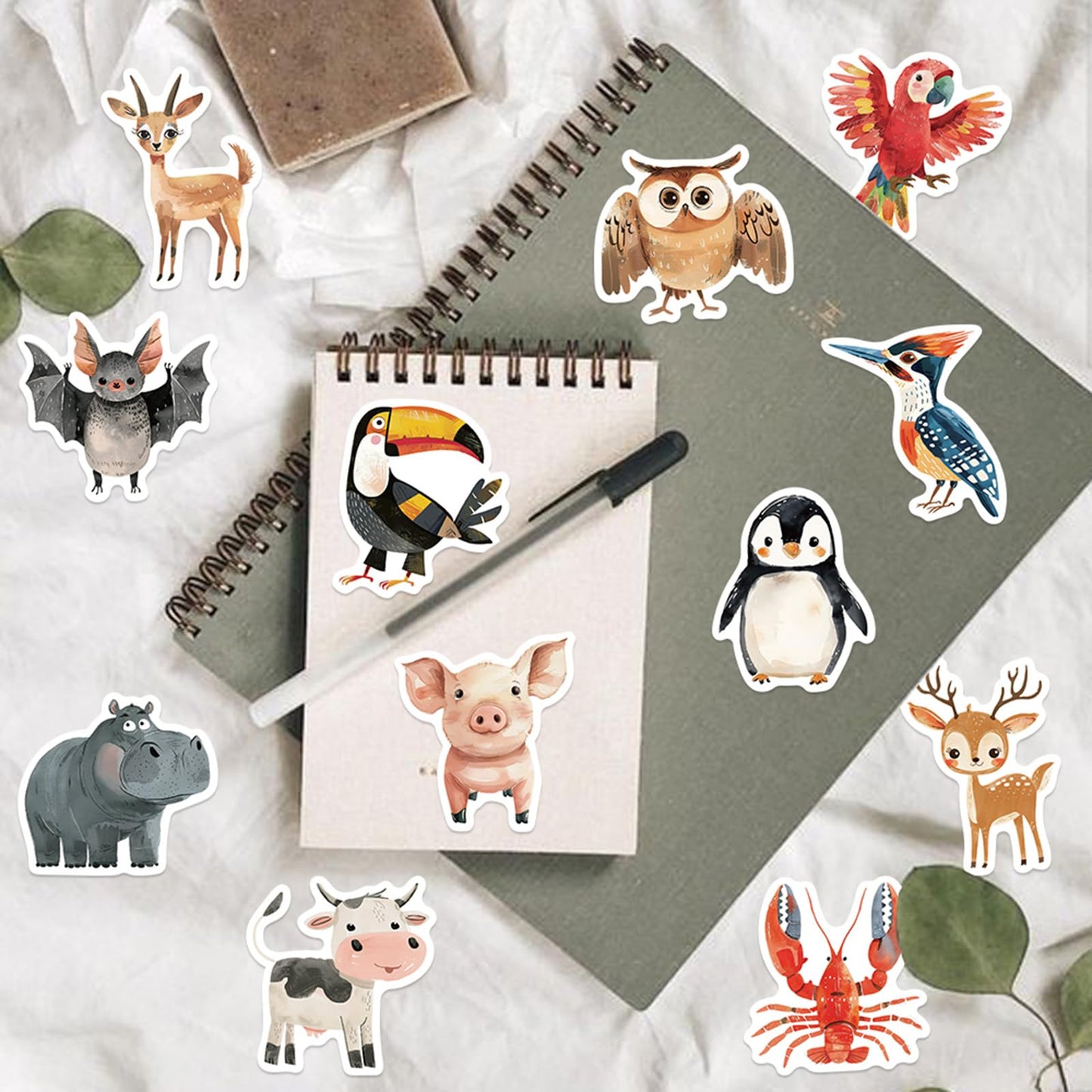 Booppyy 50Pcs Cute Hand Drawn Animal Stickers – Waterproof Vinyl Decals for Laptops, Water Bottles, Journals