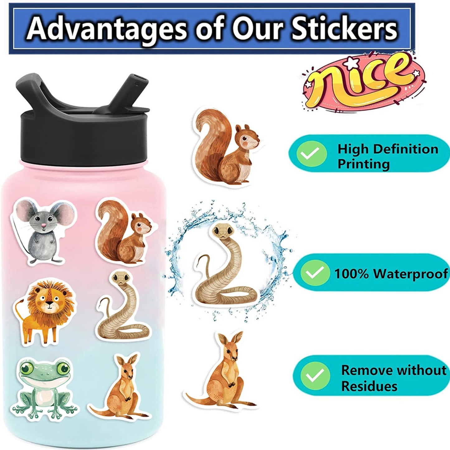 Booppyy 50Pcs Cute Hand Drawn Animal Stickers – Waterproof Vinyl Decals for Laptops, Water Bottles, Journals