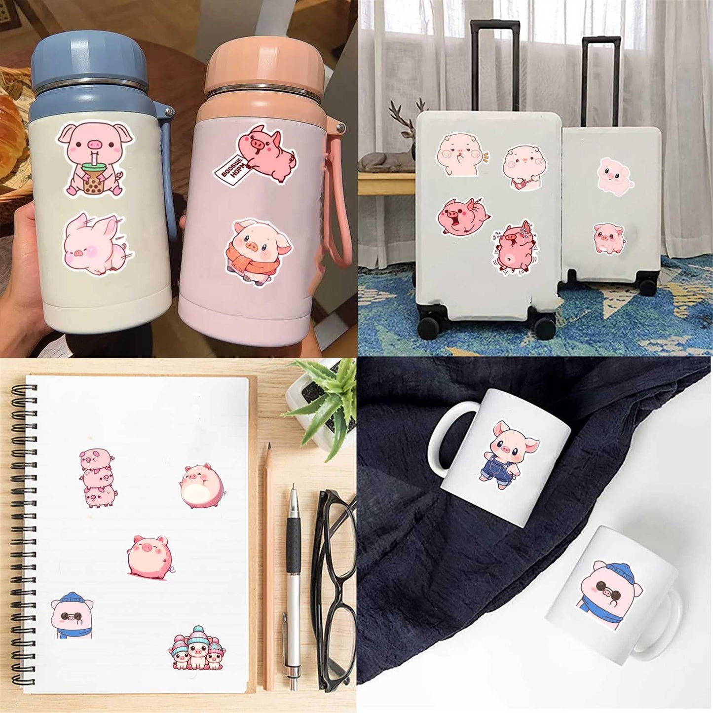 Booppyy Pink Pig Stickers – 50 Waterproof Cartoon Vinyl Decals