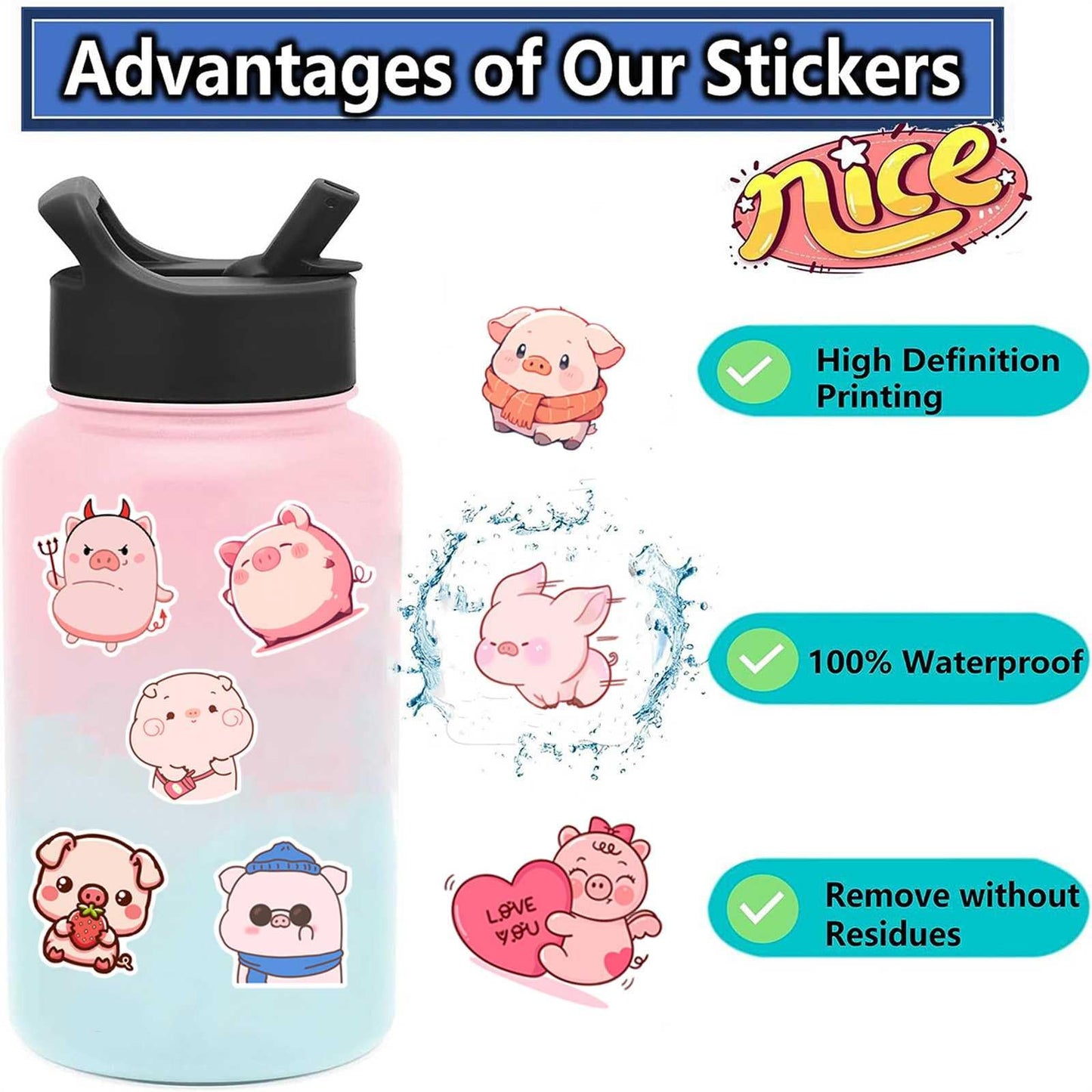 Booppyy Pink Pig Stickers – 50 Waterproof Cartoon Vinyl Decals
