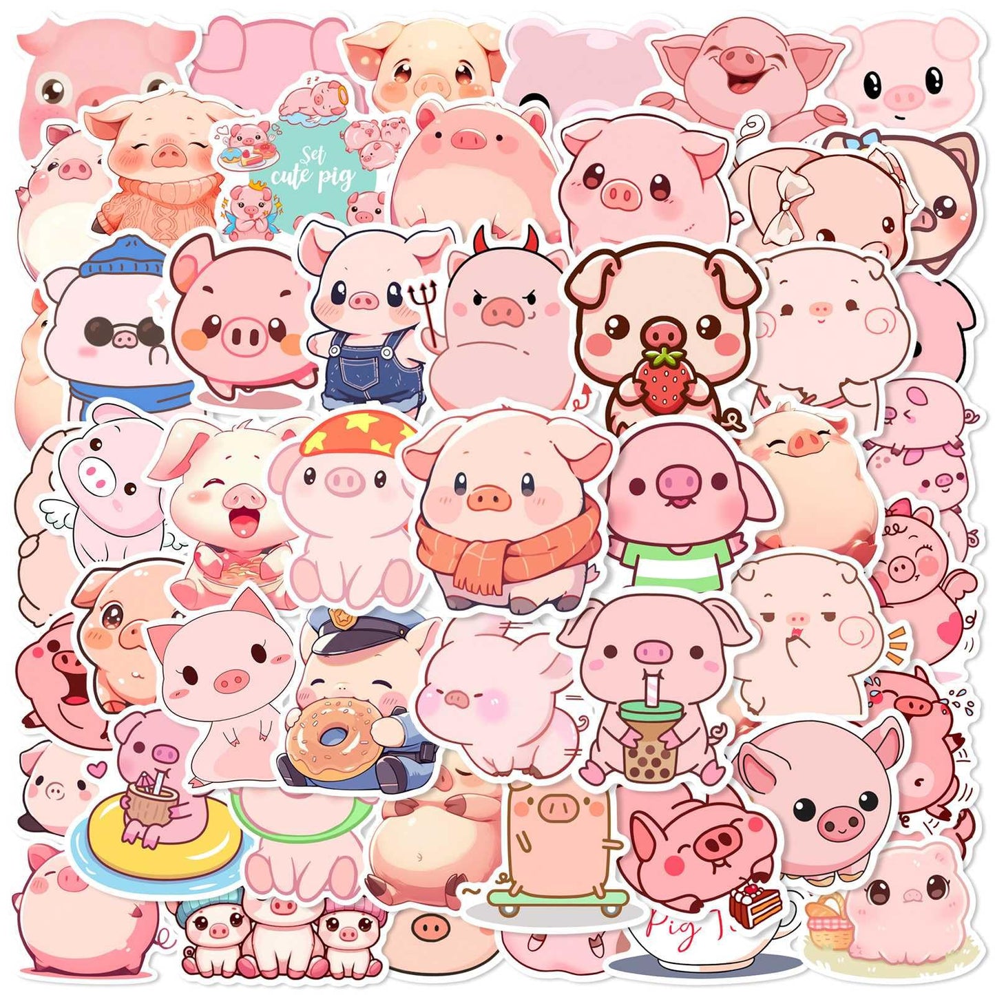 Booppyy Pink Pig Stickers – 50 Waterproof Cartoon Vinyl Decals