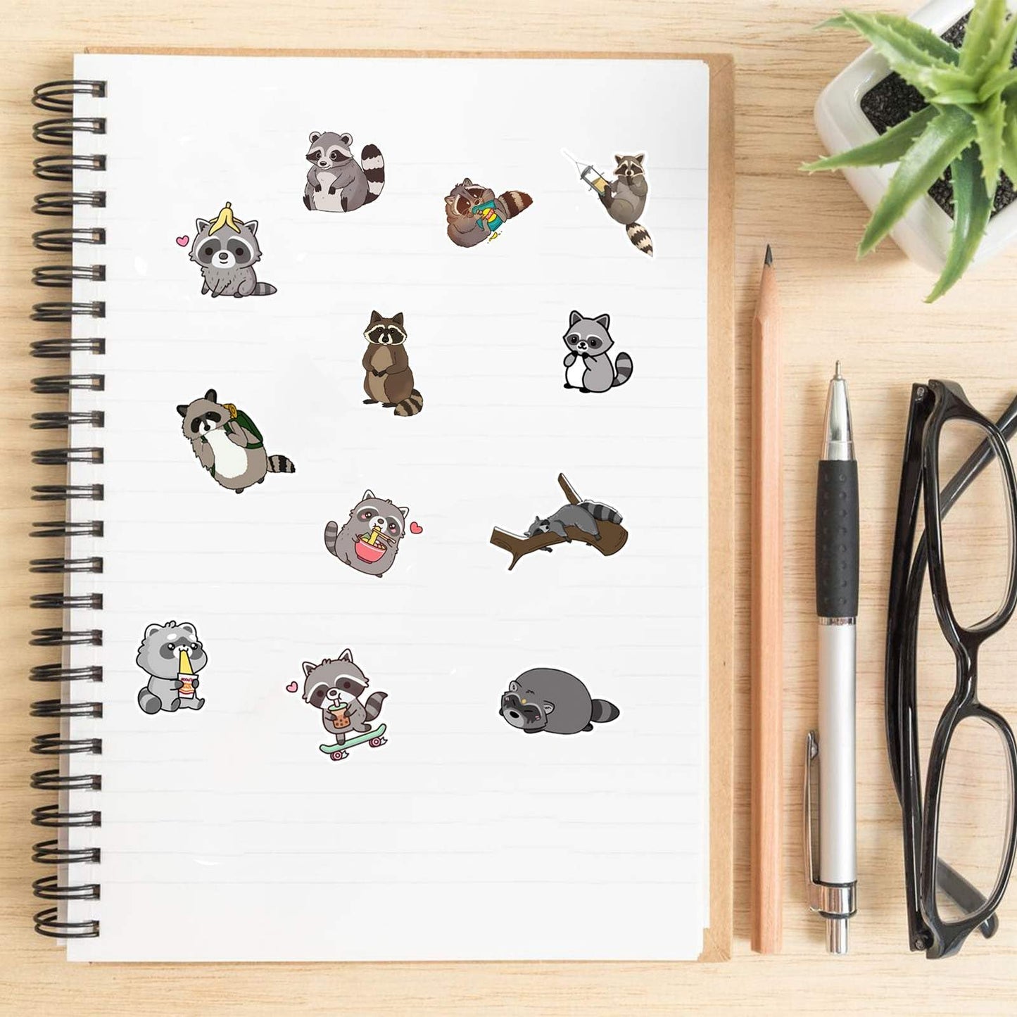Booppyy 50-Piece Cute Raccoon Stickers – Waterproof Vinyl for Water Bottles, Laptops & Scrapbooks