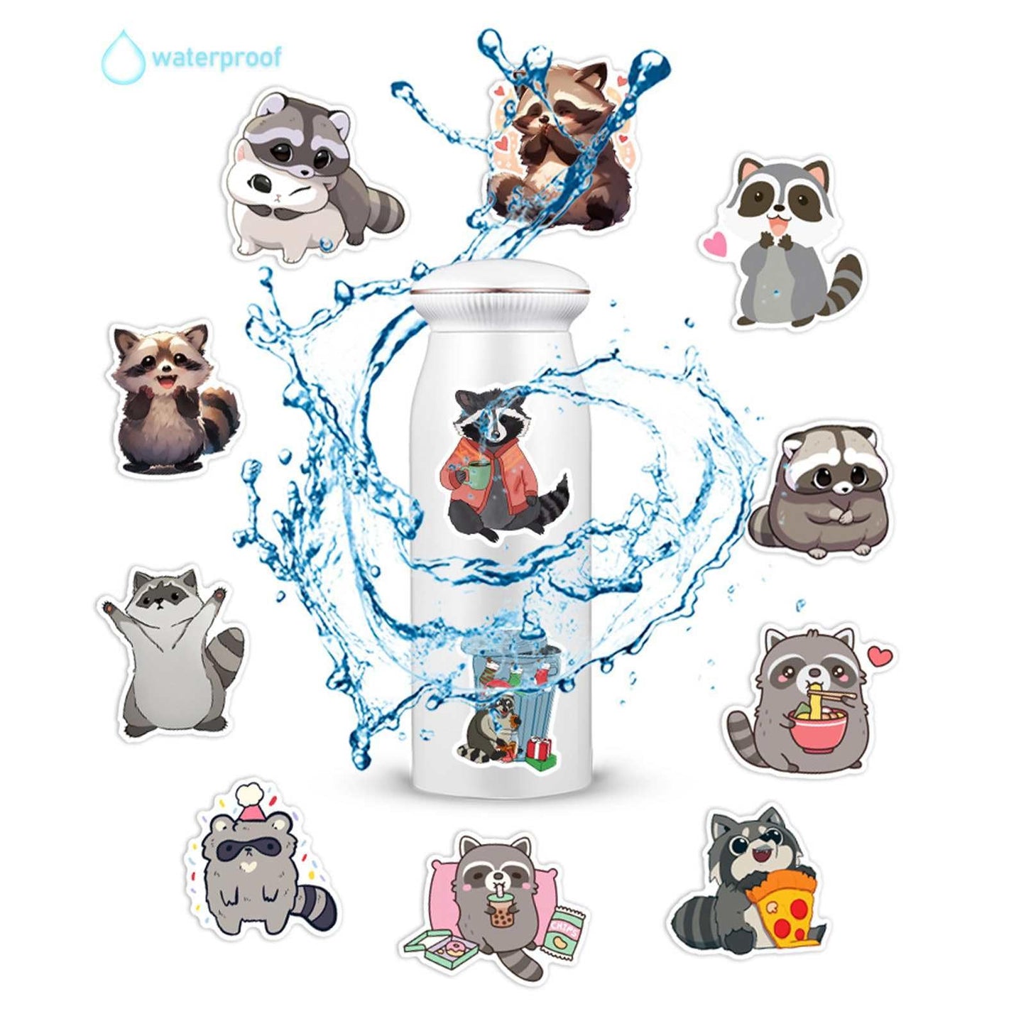 Booppyy 50-Piece Cute Raccoon Stickers – Waterproof Vinyl for Water Bottles, Laptops & Scrapbooks