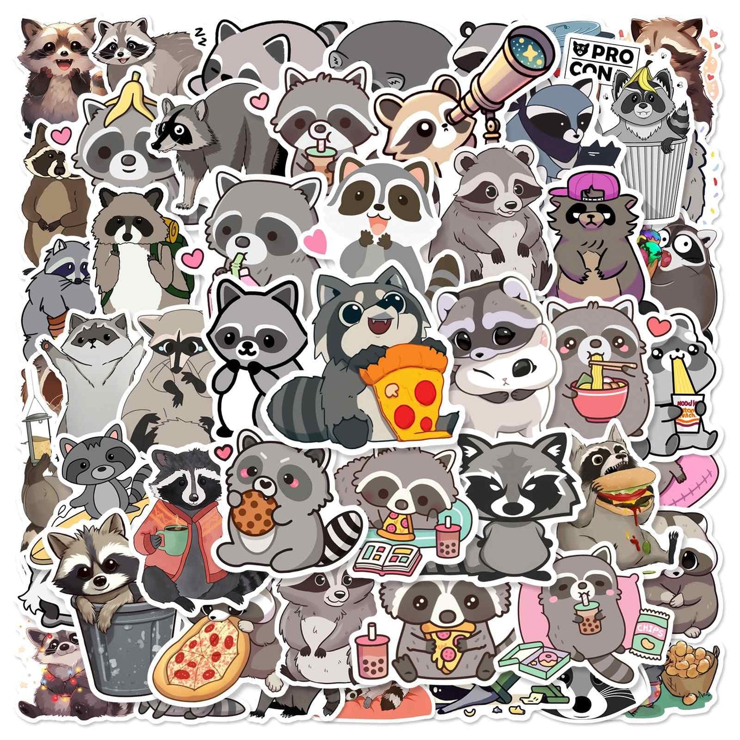 Booppyy 50-Piece Cute Raccoon Stickers – Waterproof Vinyl for Water Bottles, Laptops & Scrapbooks