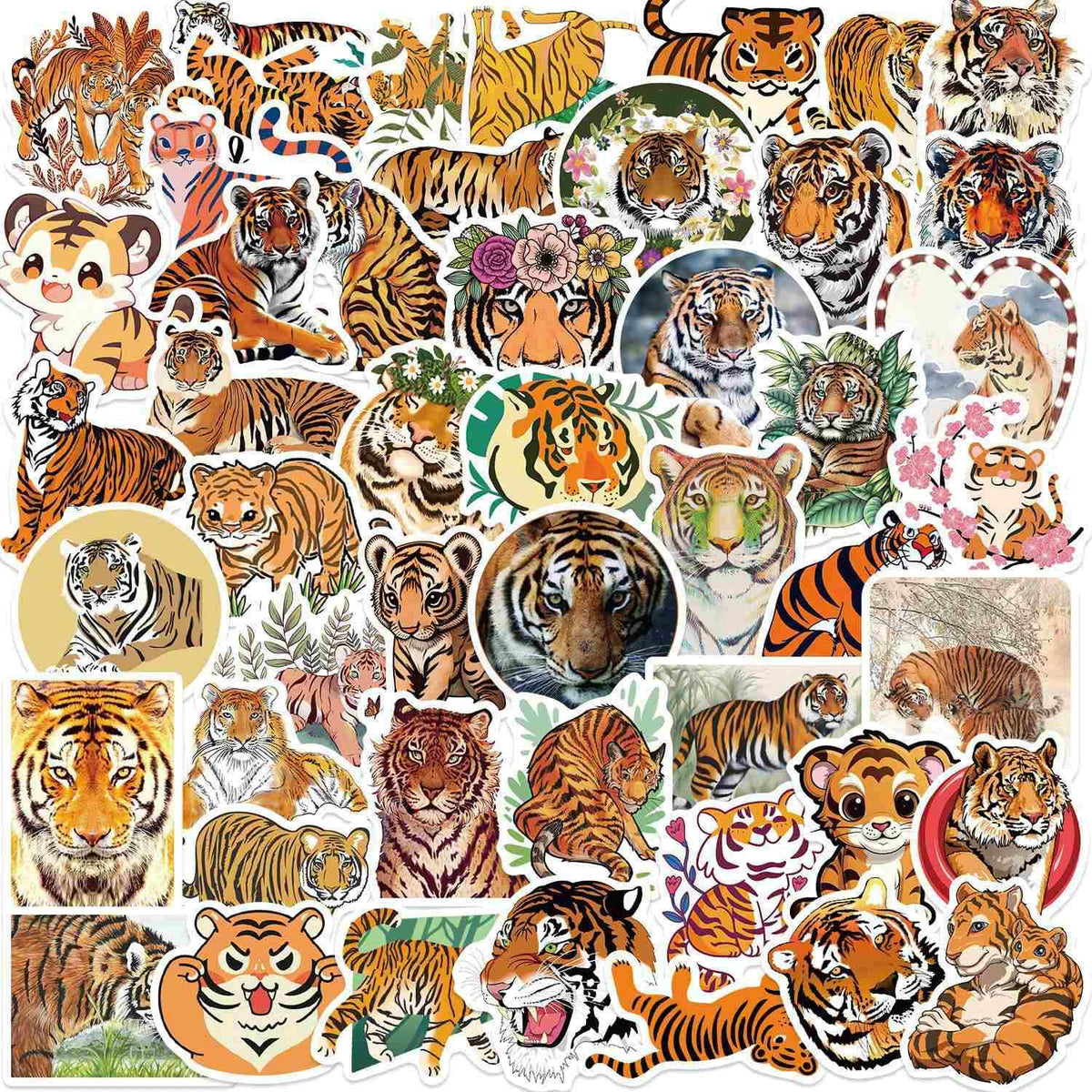 Booppyy 50pcs Cute Tiger Stickers – Waterproof Vinyl Pack for Laptops, Water Bottles & Journals