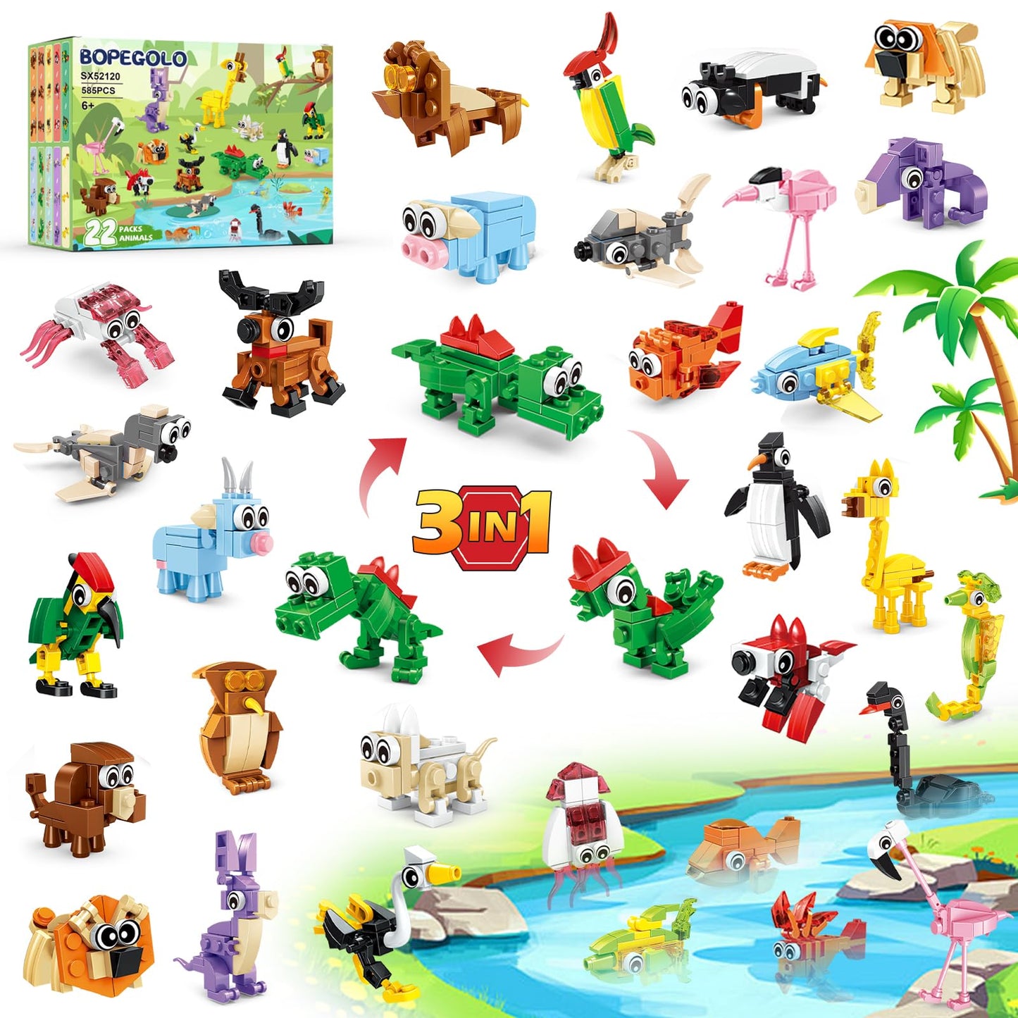BOPEGOLO 22-Pack Animal Building Blocks – 3-in-1 Designs for Kids 6-12