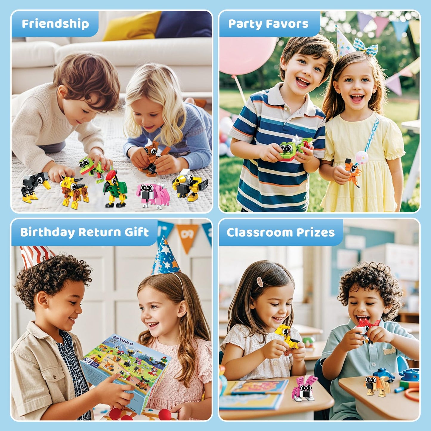 BOPEGOLO 30-Pack Valentines Party Favors: 750-Piece Mini Animal 3-in-1 Building Sets for Kids, Classroom Goodie Bags, Ages 6+