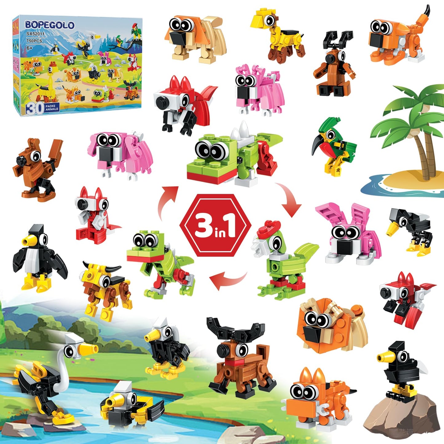 BOPEGOLO 30-Pack Valentines Party Favors: 750-Piece Mini Animal 3-in-1 Building Sets for Kids, Classroom Goodie Bags, Ages 6+