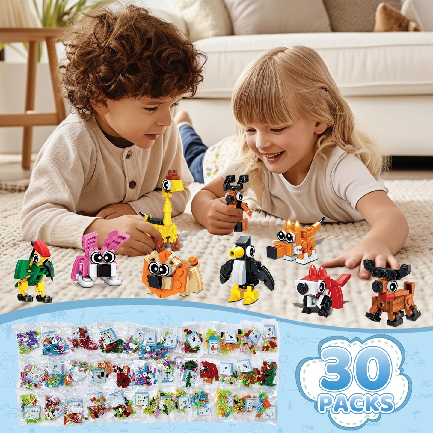 BOPEGOLO 30-Pack Valentines Party Favors: 750-Piece Mini Animal 3-in-1 Building Sets for Kids, Classroom Goodie Bags, Ages 6+