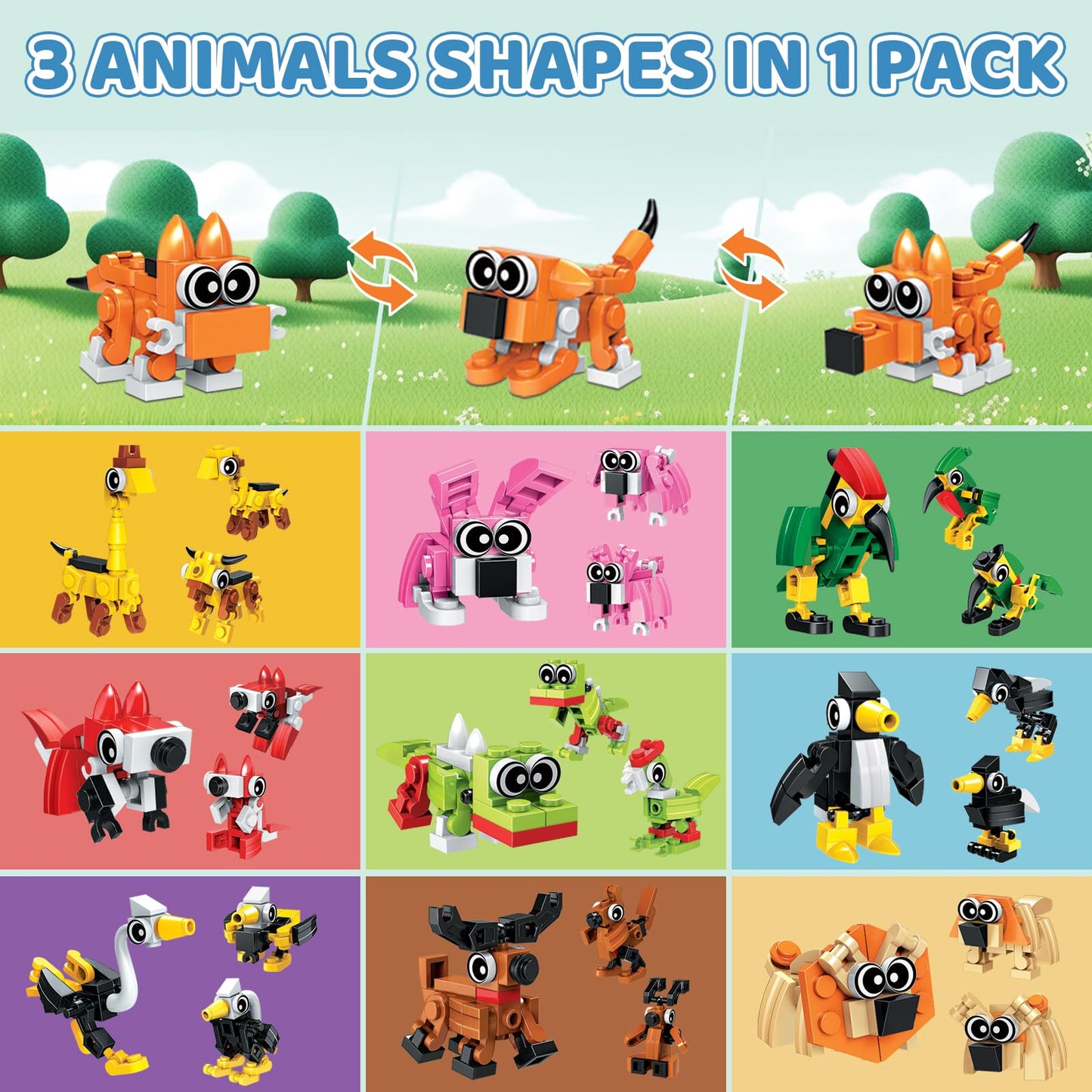 BOPEGOLO 30-Pack Valentines Party Favors: 750-Piece Mini Animal 3-in-1 Building Sets for Kids, Classroom Goodie Bags, Ages 6+