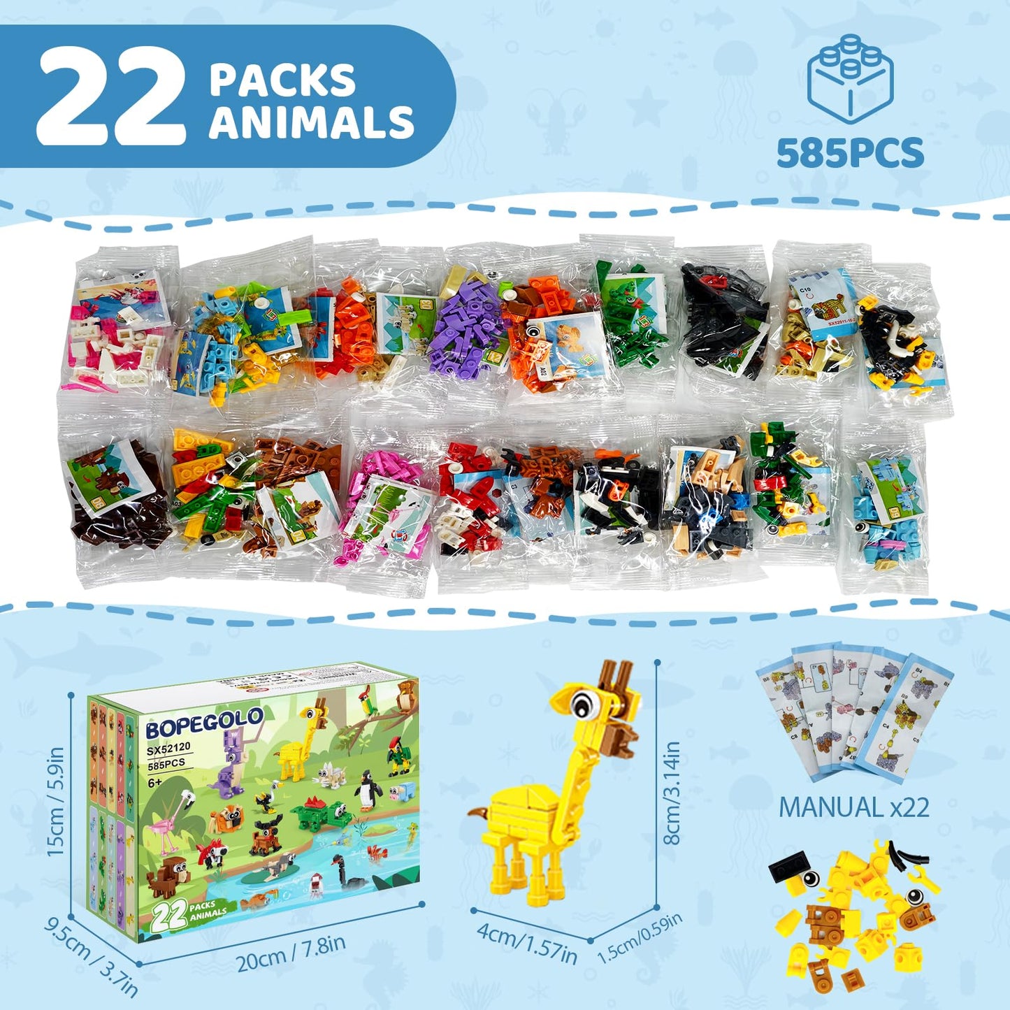 BOPEGOLO 22-Pack Animal Building Blocks – 3-in-1 Designs for Kids 6-12