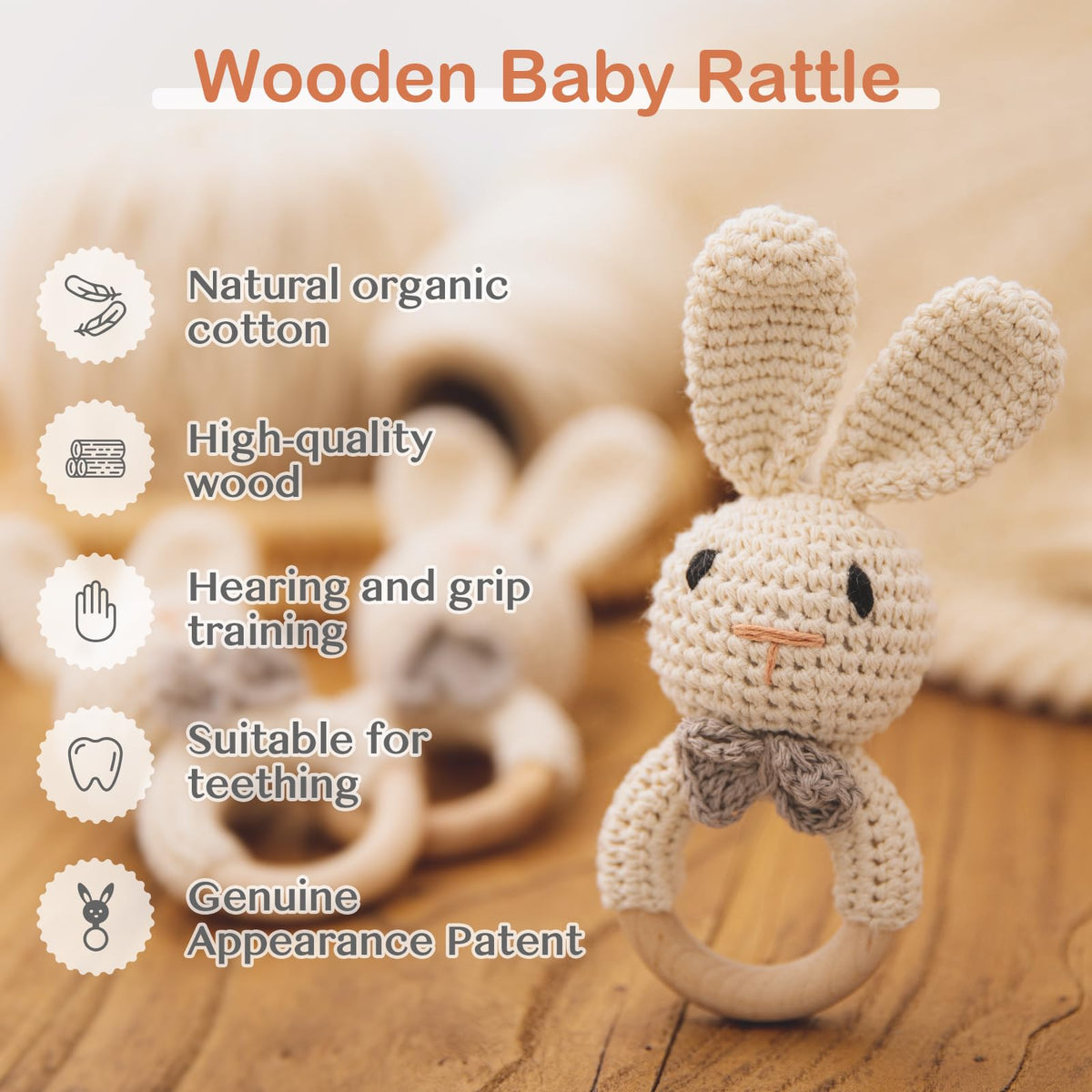 Bopoobo Handmade Crochet Easter Bunny Baby Rattle – Organic Cotton Padding & Wooden Handle (0-6 Months)