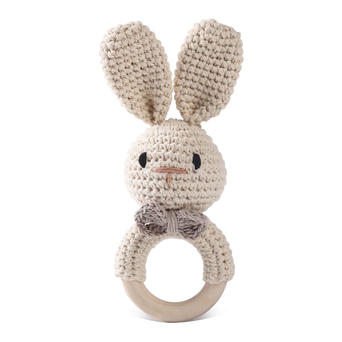 Bopoobo Handmade Crochet Easter Bunny Baby Rattle – Organic Cotton Padding & Wooden Handle (0-6 Months)