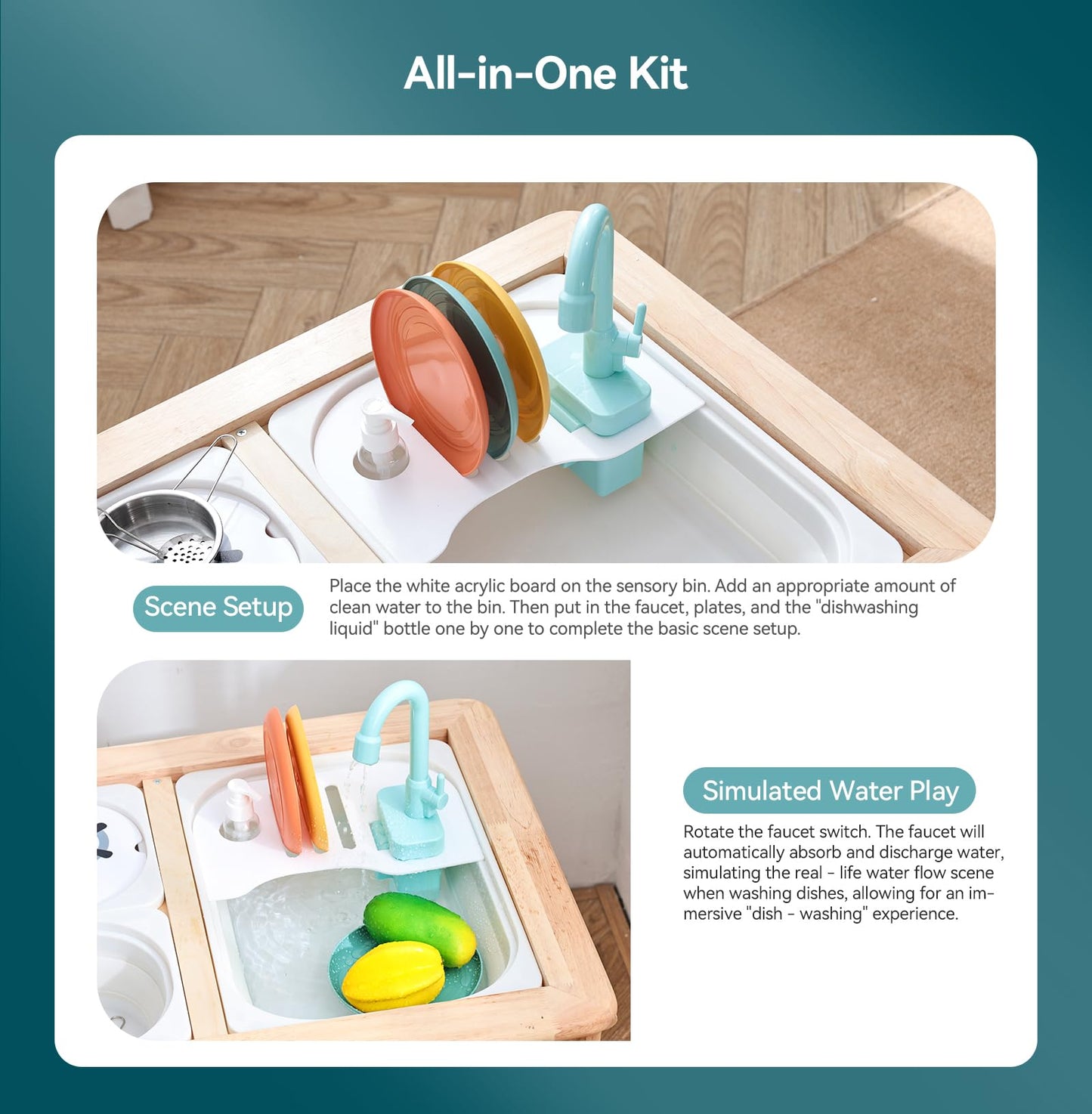 bopoobo Kids Automatic Water Pump Sink Bin – Montessori-Inspired Sensory Sink Station with Dishes & Drain Rack