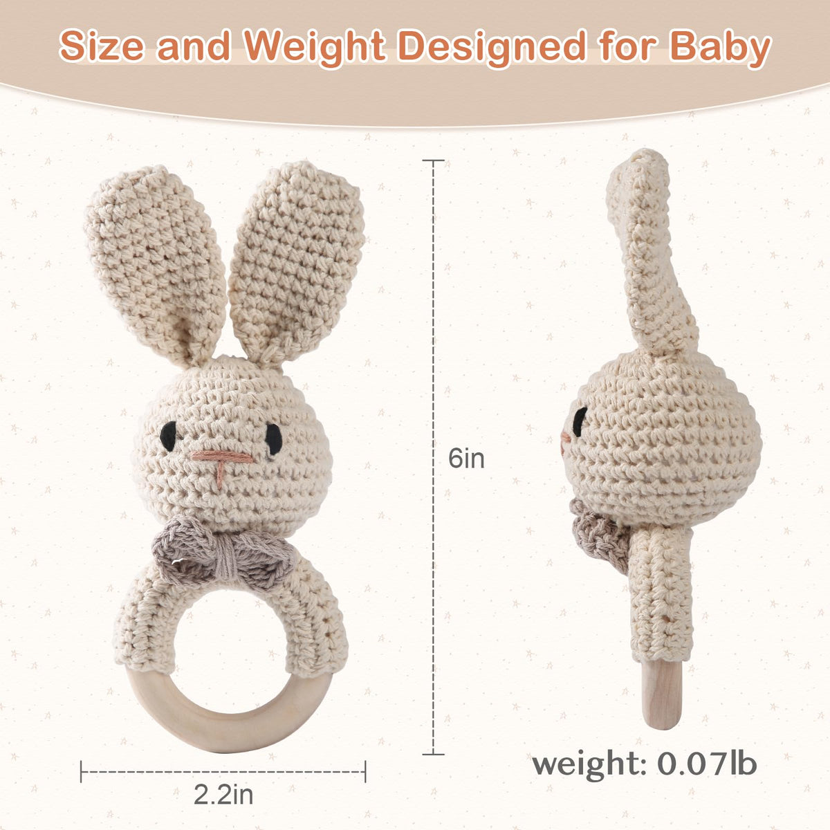 Bopoobo Handmade Crochet Easter Bunny Baby Rattle – Organic Cotton Padding & Wooden Handle (0-6 Months)