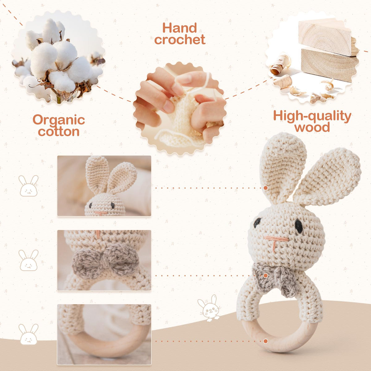 Bopoobo Handmade Crochet Easter Bunny Baby Rattle – Organic Cotton Padding & Wooden Handle (0-6 Months)