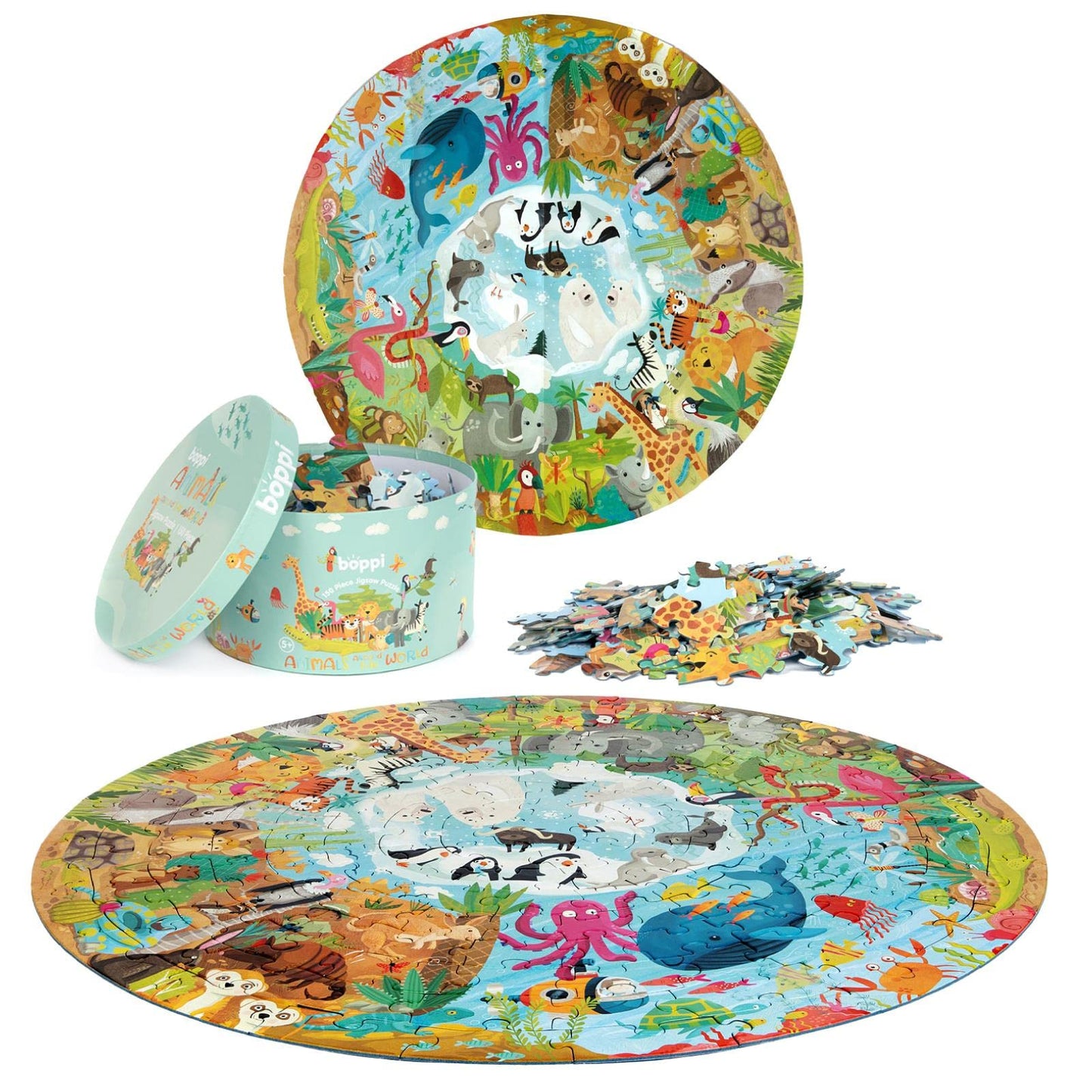 Boppi Animal Puzzle — 150-Piece Round Puzzle for Kids 4–8 | 100% Recycled Card + Poster