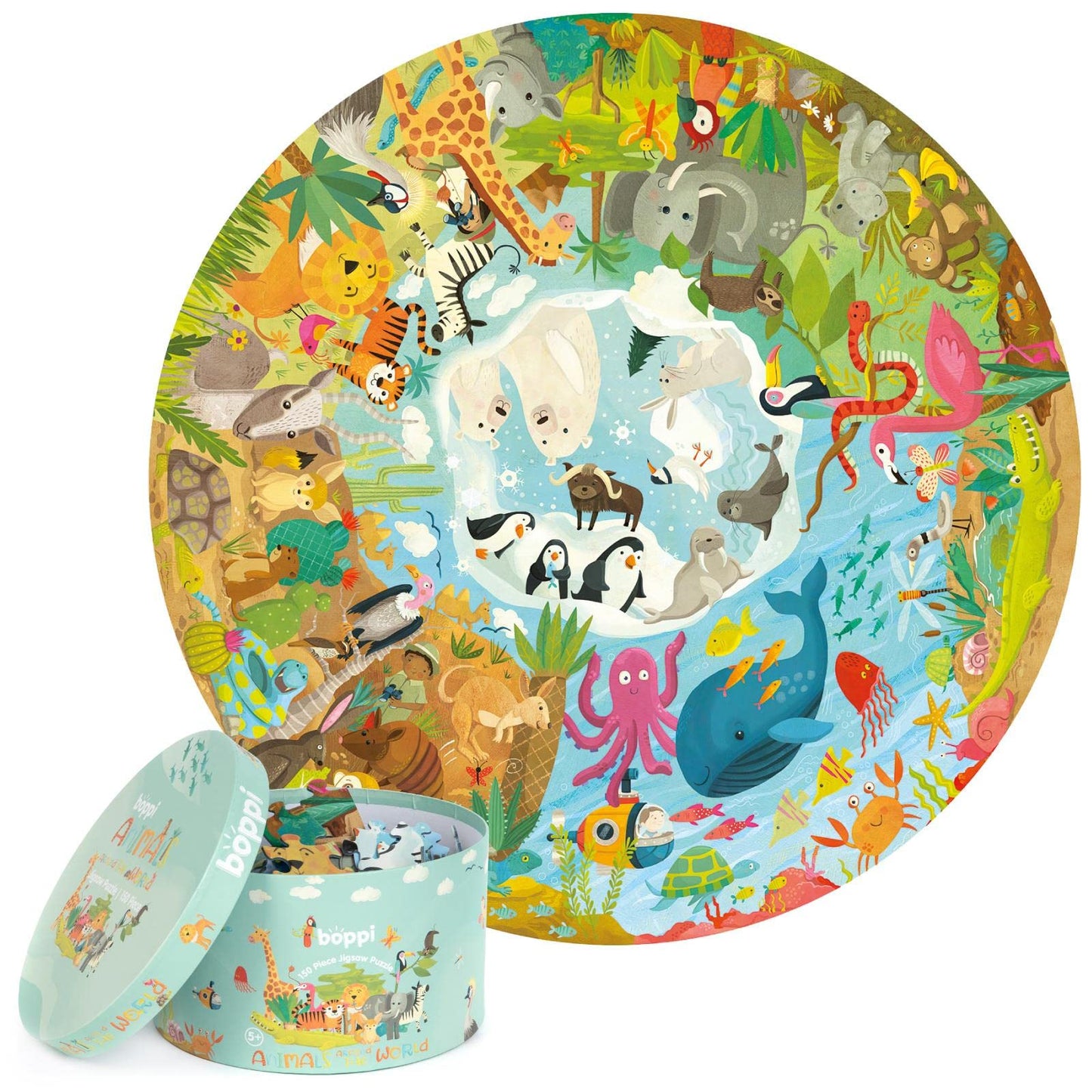 Boppi Animal Puzzle — 150-Piece Round Puzzle for Kids 4–8 | 100% Recycled Card + Poster