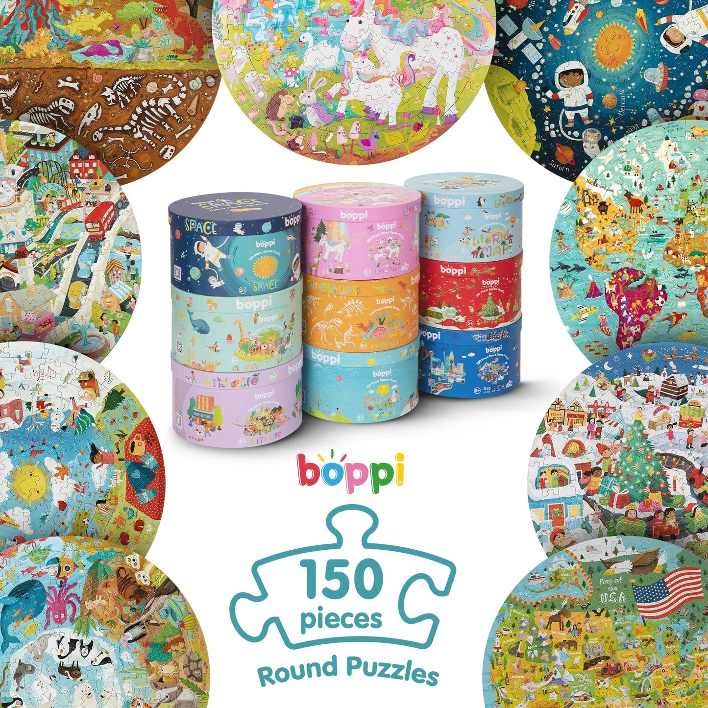 Boppi Animal Puzzle — 150-Piece Round Puzzle for Kids 4–8 | 100% Recycled Card + Poster