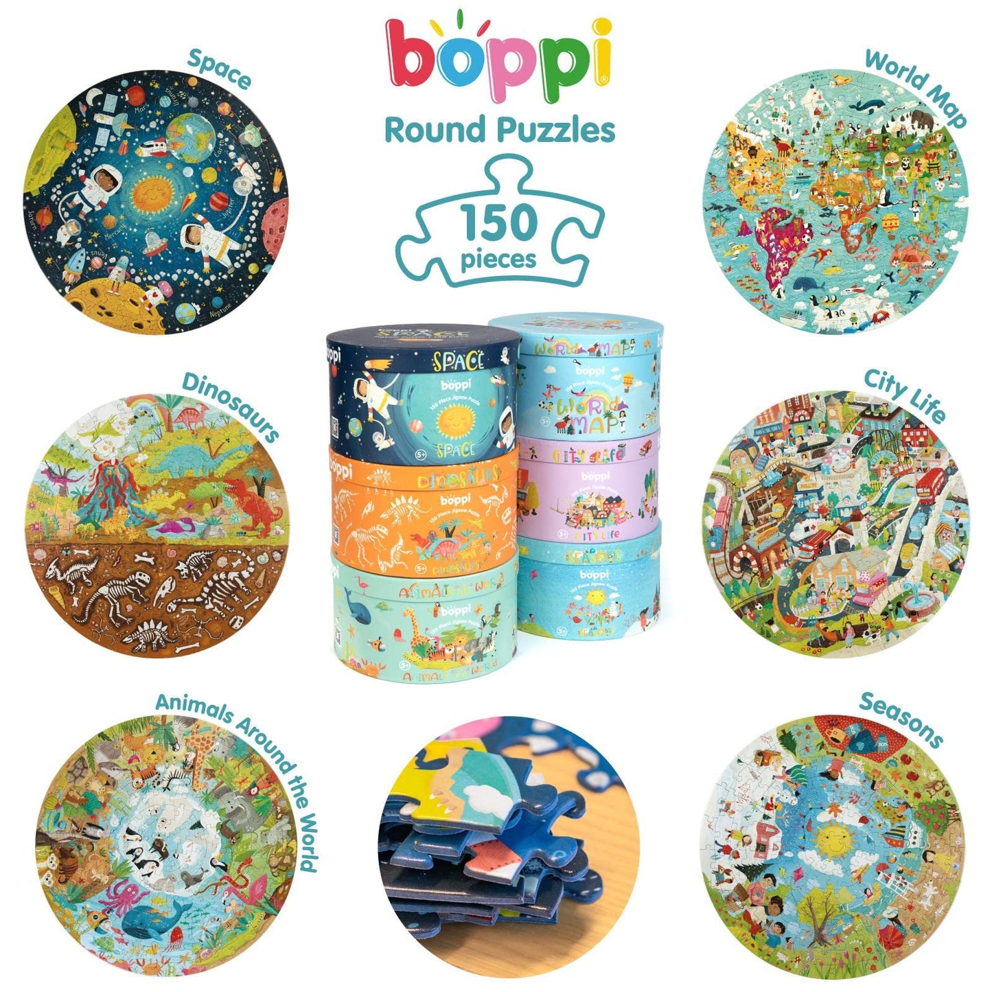 Boppi Animal Puzzle — 150-Piece Round Puzzle for Kids 4–8 | 100% Recycled Card + Poster
